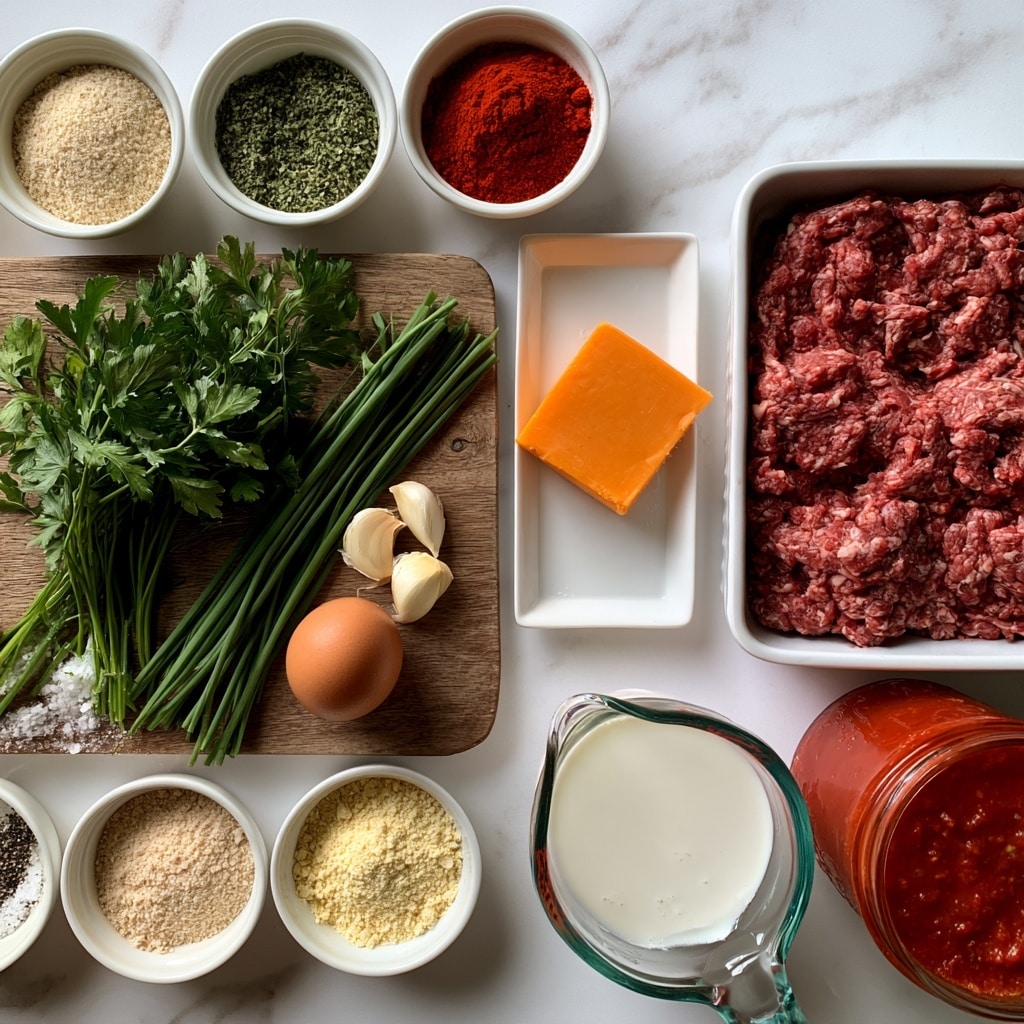 The image shows a top view of several cooking ingredients arranged neatly on a white marbled surface. In the center, a wooden cutting board holds fresh green parsley, green chives, three garlic cloves, and a brown egg. Around the board, small white bowls contain light beige breadcrumbs, green Italian seasoning, bright red paprika, light yellow onion powder, and a mix of white salt and black pepper. To the side, a small white rectangular plate has a block of orange cheddar cheese, and next to it, a white rectangular dish holds raw ground beef, textured and reddish in color. A glass measuring cup with white half and half liquid sits near the bottom right, next to an open jar filled with red marinara sauce. The image's labels describe each item clearly. photo taken with an iphone --ar 4:5 --v 7