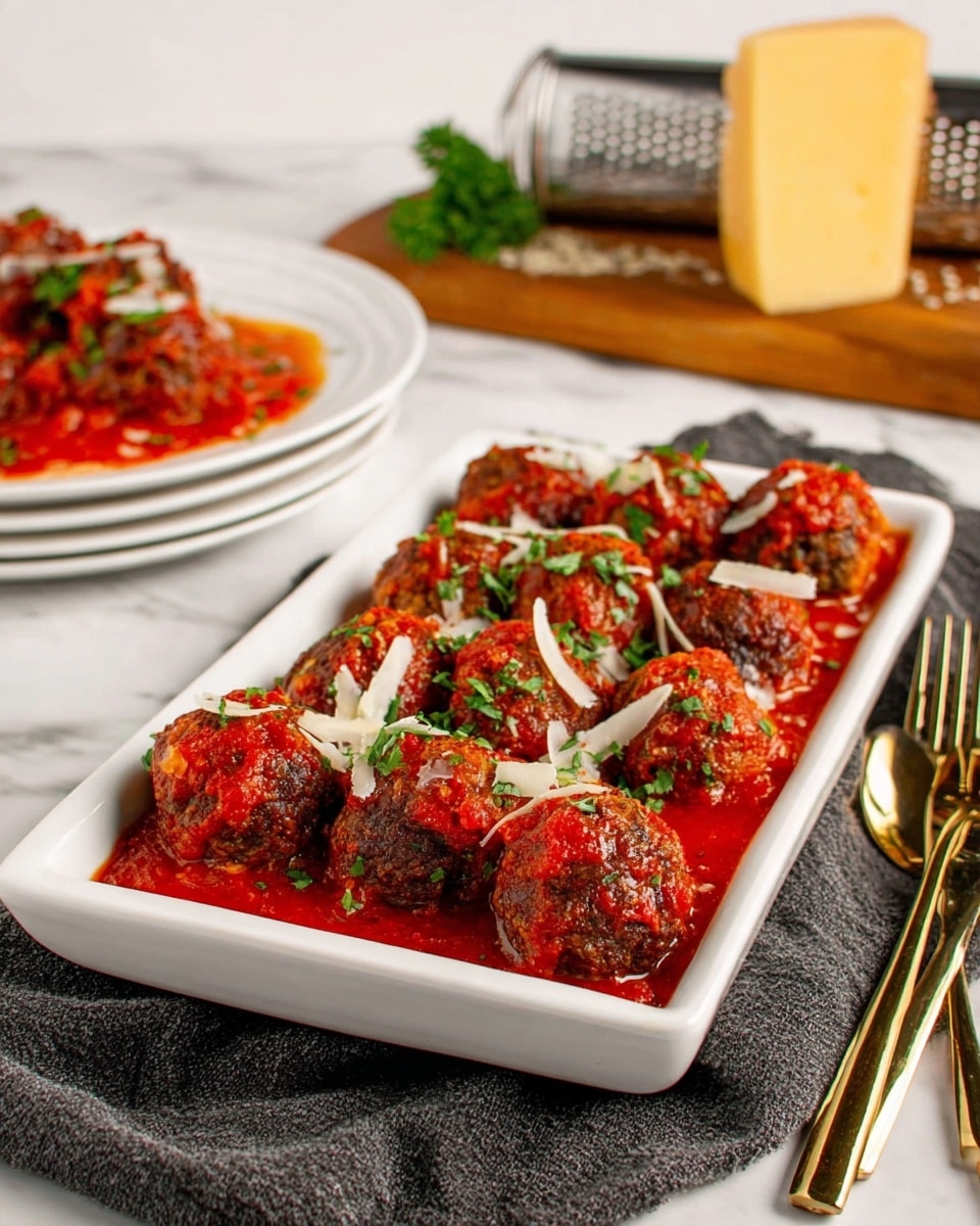 The image shows a white rectangular dish filled with two rows of dark brown meatballs, each covered in bright red tomato sauce. The meatballs are sprinkled with thin white shreds of cheese and small pieces of fresh green herbs on top. In the background, there is a blurred white round plate with a similar meatball and sauce dish, and a block of hard yellow cheese next to a cheese grater on a wooden board. The surface underneath is a white marbled texture, with a dark gray cloth and silver forks to the right side. A gold spoon rests on the edge of the dish. photo taken with an iphone --ar 4:5 --v 7