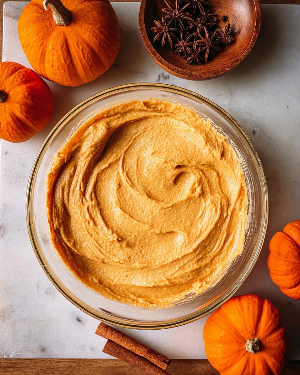 A clear glass bowl filled with one thick layer of smooth, light orange pumpkin-flavored batter, swirled gently on the surface. Around the bowl are small orange pumpkins placed on a white marbled textured surface, alongside a small wooden bowl holding dark brown star anise and cinnamon sticks. The background and setting suggest a cozy autumn or fall theme. Photo taken with an iphone --ar 4:5 --v 7