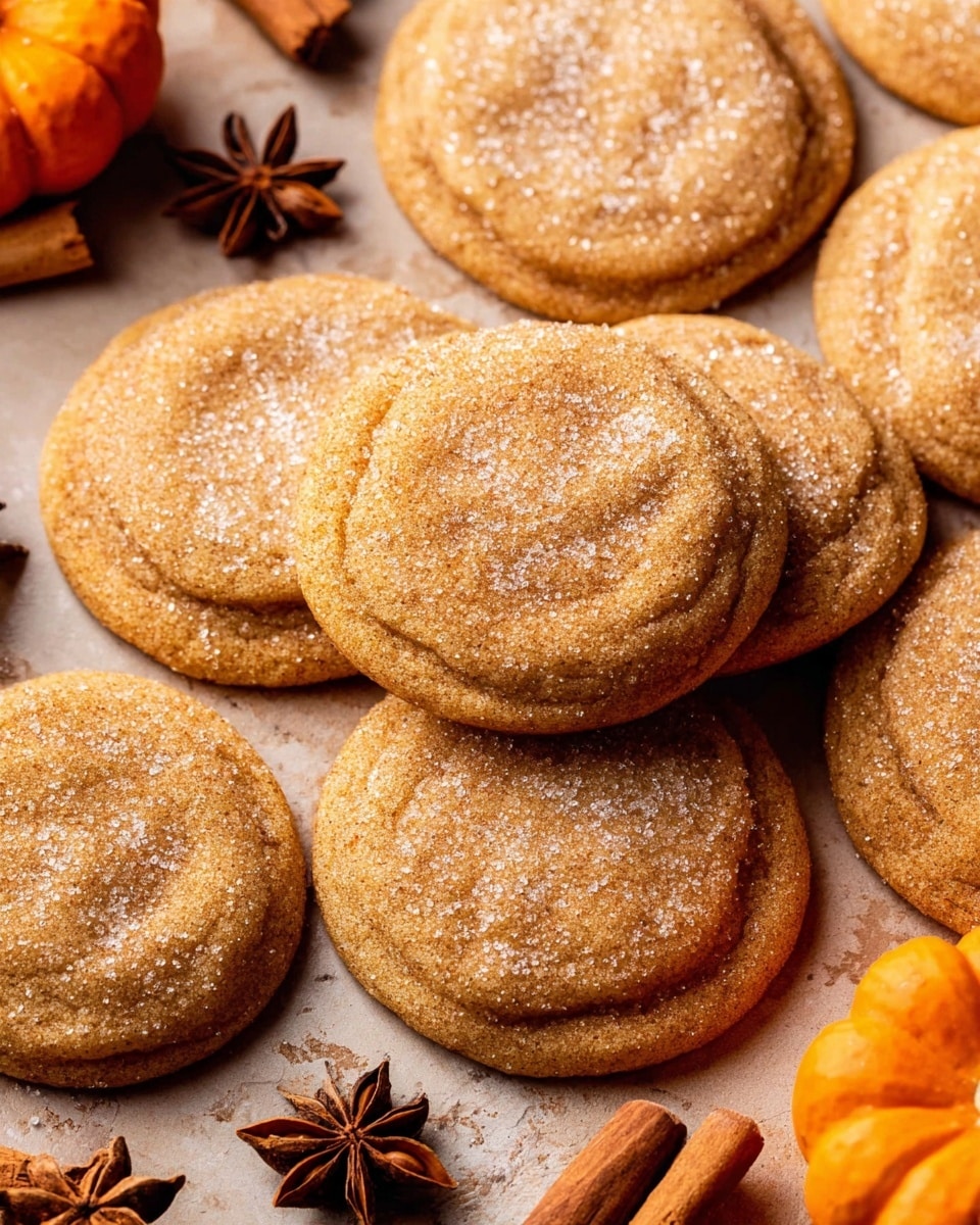 The image shows a close-up of a stack of three soft cookies with a light brown color and crystalline sugar on top. Each cookie is layered with a white cream filling in the middle, creating a clear contrast between the brown cookie and the white cream. The cookies have a slightly rough texture with visible cracks and a moist inside. The stack is placed on a piece of parchment paper on a white marbled surface, surrounded by whole cinnamon sticks and star anise for decoration. In the background, there are blurred orange pumpkins adding warm tones to the scene. photo taken with an iphone --ar 4:5 --v 7