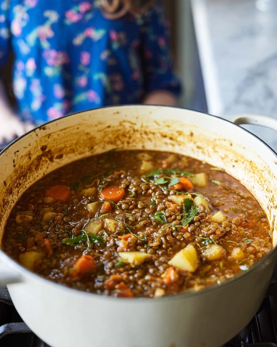 A close-up of a pot filled with thick lentil soup showing three main layers: the bottom layer is a rich brown broth, the middle layer has small cubes of light beige potatoes and orange carrots mixed in, and the top layer is sprinkled with fresh bright green herbs and some red chili flakes spread in the center; a silver spoon rests on the right side inside the pot, and a blurred woman's hand is shown reaching from the bottom right corner, all set on a white marbled surface photo taken with an iphone --ar 4:5 --v 7