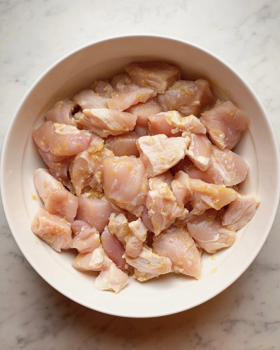 A white bowl filled with small, uneven pieces of raw chicken meat that have a pale pink color with some light yellowish spots from seasoning or fat. The chicken pieces fill the bowl almost halfway and have a soft, moist texture. The bowl sits on a white marbled surface. Photo taken with an iphone --ar 4:5 --v 7