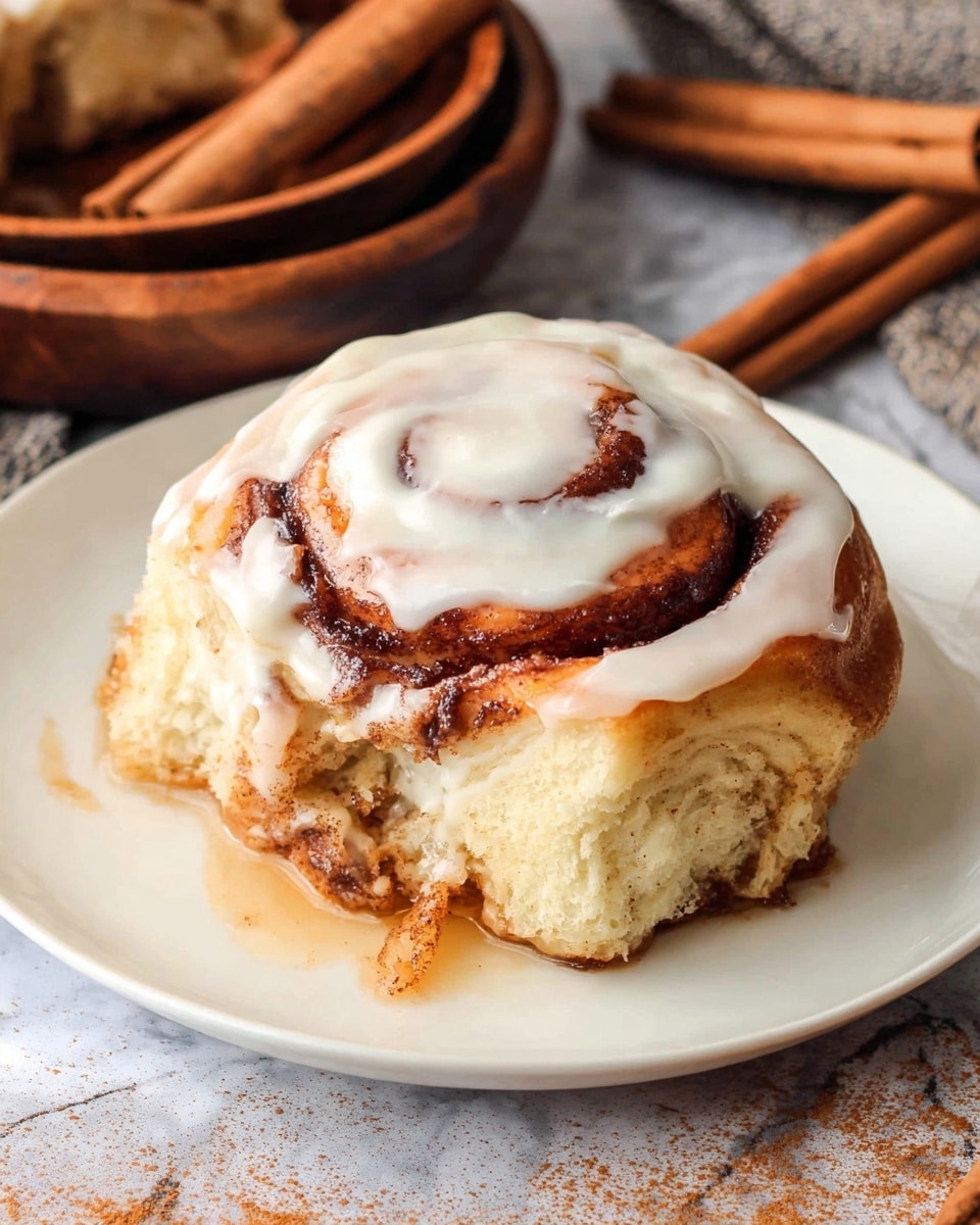 A white plate holds a cinnamon roll with two visible thick layers; the bottom layer is a soft, golden-brown dough swirled with dark brown cinnamon filling, while the top layer is covered with a creamy white icing that looks smooth and slightly melting over the rolls’ edges. There is some cinnamon syrup pooled around the base of the roll, giving a glossy look to the bottom. The plate sits on a white marbled surface with two sticks of cinnamon in a round wooden bowl partly visible in the background and one cinnamon stick resting on the surface. Photo taken with an iphone --ar 4:5 --v 7