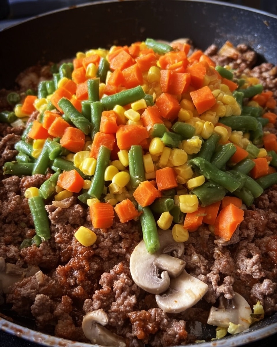A close-up view of a cooked dish in a pan showing three visible layers: the bottom layer consists of cooked mushrooms and minced meat with a brown texture spread evenly, followed by a middle layer of bright orange diced carrots, yellow corn kernels, and green beans mixed together piled in the center, creating a colorful mixed vegetable mound above the meat, with some vegetables scattered around the edges. Photo taken with an iphone --ar 4:5 --v 7
