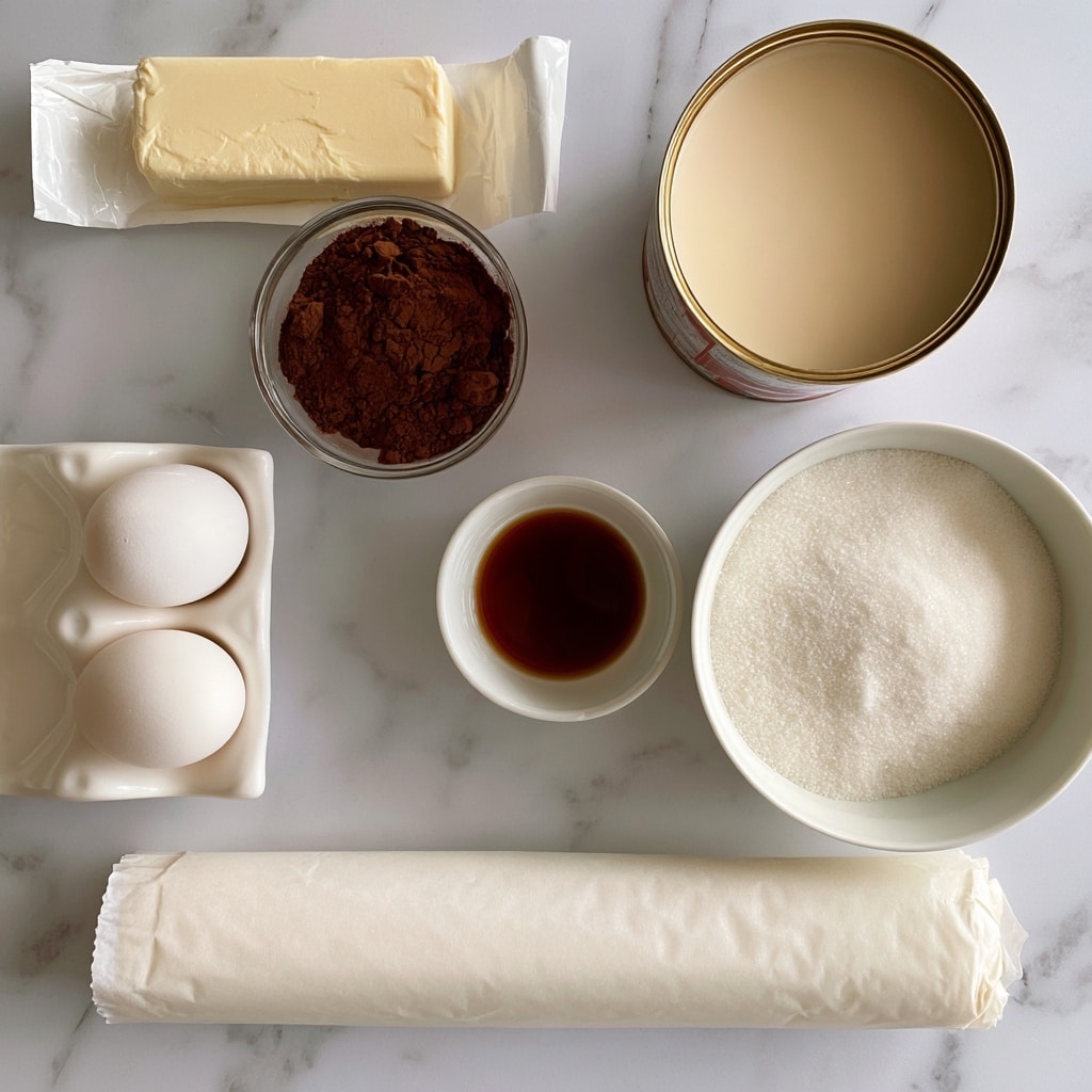 The image shows ingredients arranged neatly on a white marbled surface. At the top left, there is a stick of unsalted butter in its wrapper, next to a small glass bowl filled with dark brown cocoa powder. To the right, there is an open can of creamy light beige evaporated milk. Below, there is a white bowl filled with white granulated sugar. On the left side, two white eggs rest in a white egg tray. In the center, a small white bowl holds dark amber vanilla extract. At the bottom center, a white-wrapped rolled pie crust lies horizontally. Each item is clearly visible and labeled, the scene is bright and clean photo taken with an iphone --ar 4:5 --v 7