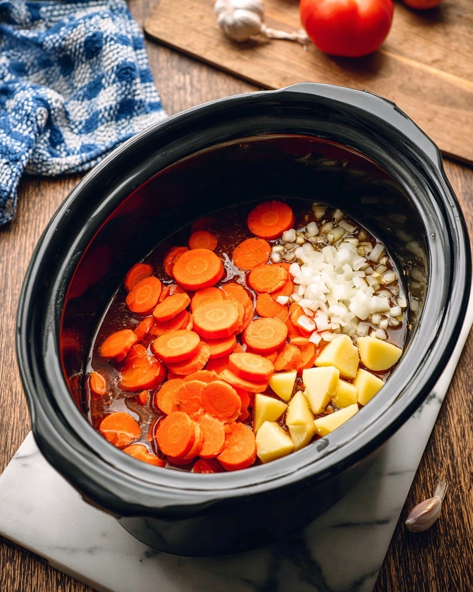 A black slow cooker pot filled with several layers of fresh ingredients on a white marbled surface; the bottom layer is a shiny brown liquid, topped with bright orange sliced carrots scattered in the middle and right side, followed by finely chopped white onions piled near the top right, and small yellow cubed potatoes placed near the bottom center, with a red tomato and some garlic cloves placed outside the pot on a wooden surface beside a blue and white checkered cloth in the background, photo taken with an iphone --ar 4:5 --v 7