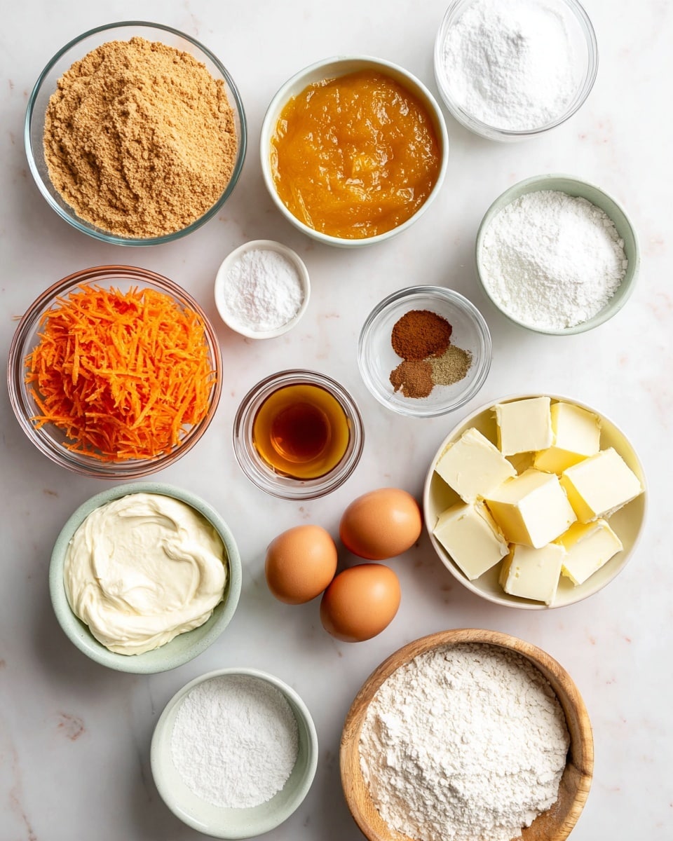 The image shows an overhead view of various baking ingredients neatly placed on a white marbled surface. There are 14 small bowls and plates arranged with different contents: a glass bowl with bright orange shredded carrots in the lower left, a light grey bowl filled with light brown almond flour on the top left, a glass bowl of golden applesauce near the center, a white bowl full of white powdered sugar in the upper right, a light grey small bowl with four brown spices including cinnamon near the center, another light grey bowl with smooth cream cheese below the spices, a small speckled bowl with amber vanilla extract on the lower left, a white bowl full of white sugar below the spices, a glass bowl with five brown eggs on the right, a light grey bowl filled with chunks of yellow butter near the bottom center, a wooden bowl with white baking soda, a light grey bowl with light yellow vegetable oil, and two bowls with white flour in the bottom right and center right areas. The ingredients are spread out neatly with good lighting, all against the white marbled surface photo taken with an iphone --ar 4:5 --v 7