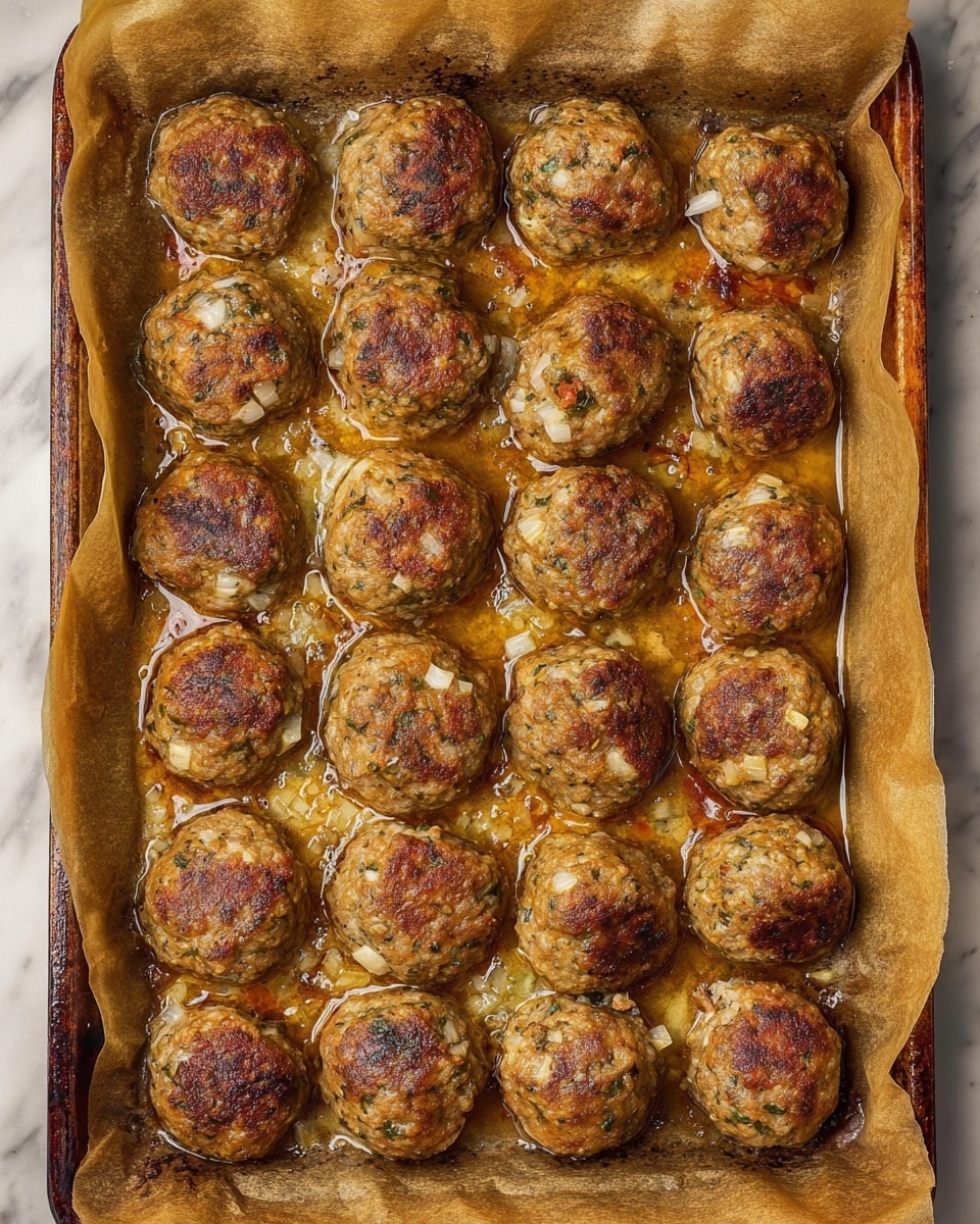 A tray filled with 28 round meatballs arranged in rows, each meatball golden brown on top with visible small chunks of white onion and herbs throughout, showing a textured, slightly crispy outer layer. The meatballs sit on browned, oily parchment paper absorbing some of the juices, and the tray's edges are darkened with cooked residue. The whole setup rests on a white marbled textured surface. photo taken with an iphone --ar 4:5 --v 7