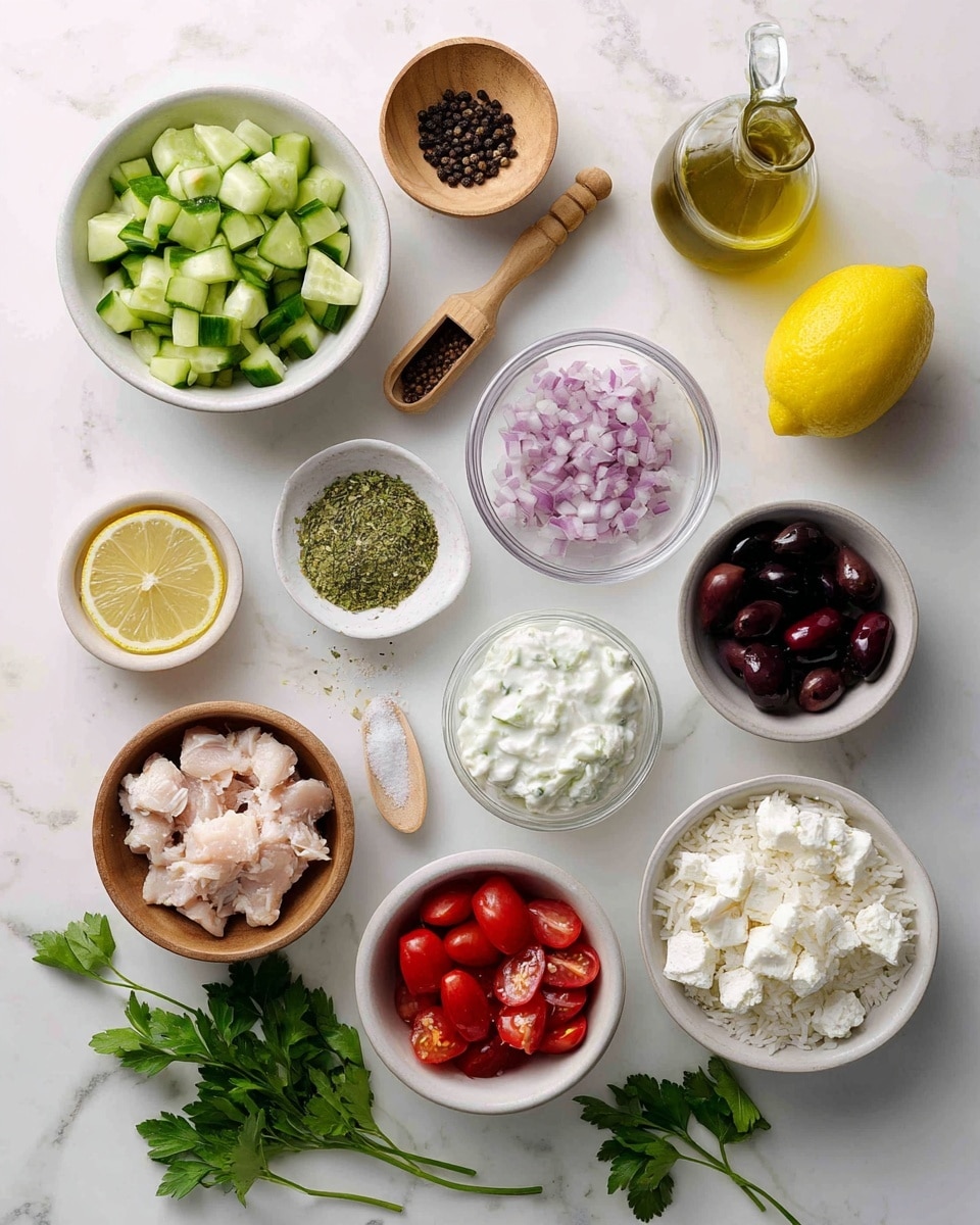 The image shows various ingredients arranged neatly on a white marbled surface, each labeled with text. From top left, there is a white bowl filled with green chopped cucumber pieces. Next to it, a small wooden bowl holds whole black peppercorns with a tiny wooden scoop. To the right, a clear glass bottle contains golden olive oil. Below the cucumbers, a whole lemon sits. Moving down to the center, a small clear glass bowl holds thick white Tzatziki sauce, and next to it, another clear bowl contains finely chopped red onion with multiple tiny purple and white pieces. Beneath these, another clear bowl holds dark brown chopped olives, while beside that, a slightly larger white bowl is filled with bright red cherry tomatoes cut in halves. Below, a white bowl is filled with fluffy white steamed rice, and to its left, white crumbled feta cheese sits in a clear bowl. At the bottom left, there is a white bowl with pieces of raw pale pink chicken. Near the rice, a small wooden bowl contains green Greek seasoning. Fresh green parsley leaves are laid out on the right bottom corner. Also, there are wooden bowls with coarse white salt with a small wooden scoop, and a white ceramic spoon containing white garlic powder. The neat arrangement and colors create a fresh, clean, and vibrant look. photo taken with an iphone --ar 4:5 --v 7