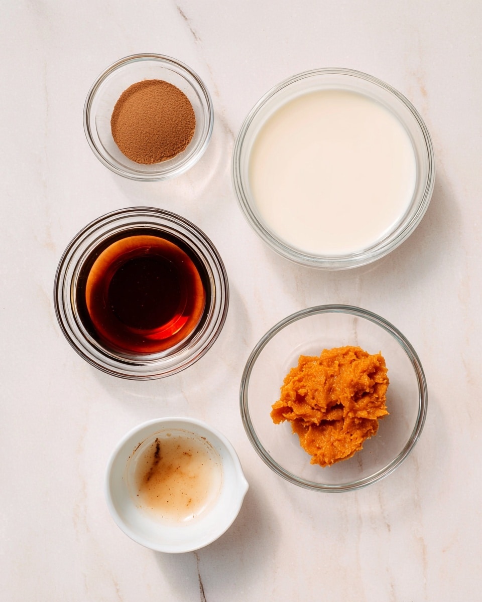 Four small glass bowls and one small white ceramic bowl are placed on a white marbled surface. The first bowl at the top right contains a smooth, creamy white liquid. To the left of it, another glass bowl holds a pile of fine brown powder. Below, a dark amber liquid fills a glass bowl in the center. At the bottom right, a glass bowl contains bright orange mashed substance with a rough texture. The white ceramic bowl at the bottom left has a small amount of light brown liquid with some residue and slight staining inside. Photo taken with an iphone --ar 4:5 --v 7