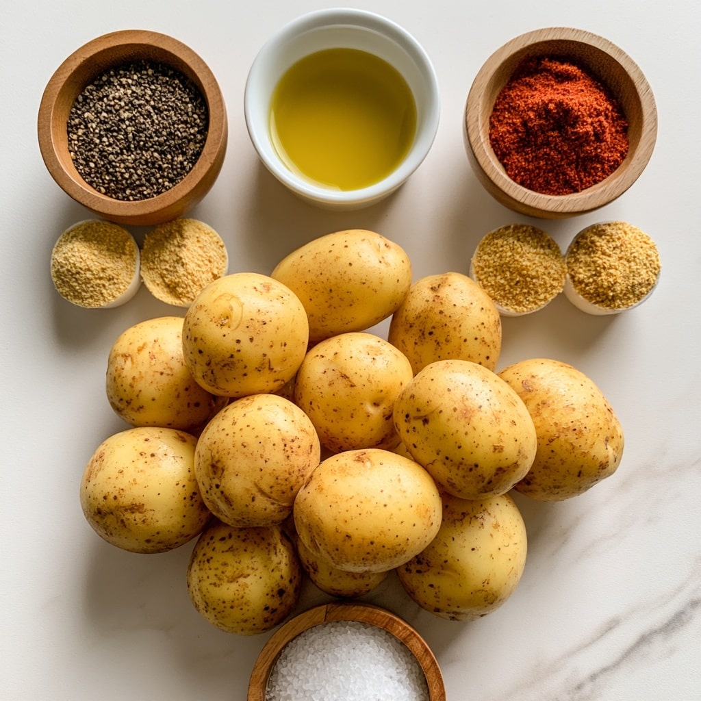A cluster of yellow potatoes fills the lower center of the image with their smooth, slightly spotted skin. Above them, three small wooden bowls hold black pepper on the left, paprika on the right, and golden onion powder and garlic powder side by side below, with grains visible in their textures. In the middle at the top, a small white bowl contains light yellow olive oil with a smooth surface. Below the potatoes on a white marbled surface, a small wooden bowl of salt with fine white crystals is visible. Each item is distinct, arranged neatly with clear labels above or below in a clean, bright setting. photo taken with an iphone --ar 4:5 --v 7