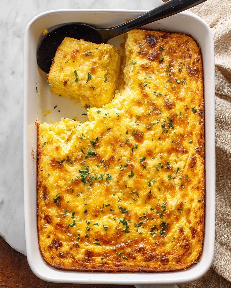A white rectangular baking dish holds a golden baked casserole with a crispy, browned cheese crust on top, sprinkled with small bits of chopped green herbs. The casserole is thick and spongy with an uneven textured surface showing melted cheese in light and dark yellow spots. One large piece has been removed from the top left corner, revealing the soft, creamy inside with layers of yellow baked cheese and herbs. A black serving spoon rests inside the dish at the top left. The dish sits on a white marbled surface with a glimpse of a beige cloth on the right side. Photo taken with an iphone --ar 4:5 --v 7