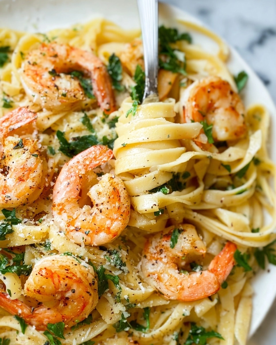 The dish shows a close view of a pasta meal with creamy light yellow fettuccine noodles forming the base layer, tangled evenly across the white marbled surface. On top, there are several plump shrimp with a bright orange and pink shell, arranged scattered around the noodles. Bright green spinach leaves are mixed in between the pasta and shrimp, adding a fresh touch. Small flecks of black pepper and finely chopped parsley are sprinkled over everything, giving texture and color contrast. The photo taken with an iphone --ar 4:5 --v 7