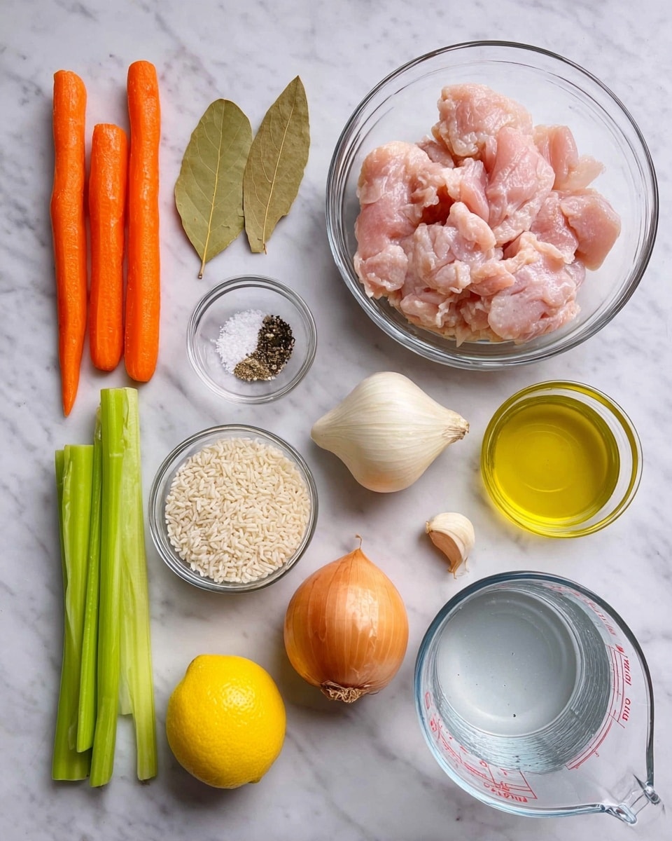 The image shows raw ingredients arranged neatly on a white marbled surface. In the center, there is a clear glass bowl with pieces of raw pink chicken. Above it, three dried bay leaves rest beside a small clear glass bowl holding salt and black pepper. To the left, there are three orange carrots and three green celery sticks lying parallel. Below the carrots, a small clear glass bowl contains white, uncooked rice. On the right, there are two whole yellow lemons, a peeled whole onion with a tan skin, and two garlic cloves. Between the lemons and chicken bowl, a small glass container of yellow olive oil is placed. Lastly, a clear glass measuring cup filled with water sits on the far right. photo taken with an iphone --ar 4:5 --v 7