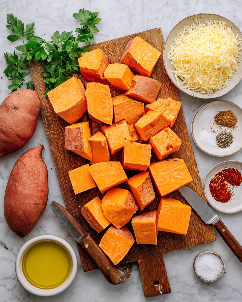 A wooden board holds about fifteen large chunks of bright orange sweet potato with their skins partly attached, scattered casually with some green parsley leaves adding contrast. A small knife with a wooden handle rests on the left side of the board. To the right, on a white marbled surface, there is a small white bowl filled with finely shredded cheese, a small white plate containing five seasonings arranged in sections (red powder, white flakes, black pepper, sesame seeds, and salt), and a white bowl of golden oil. Photo taken with an iphone --ar 4:5 --v 7