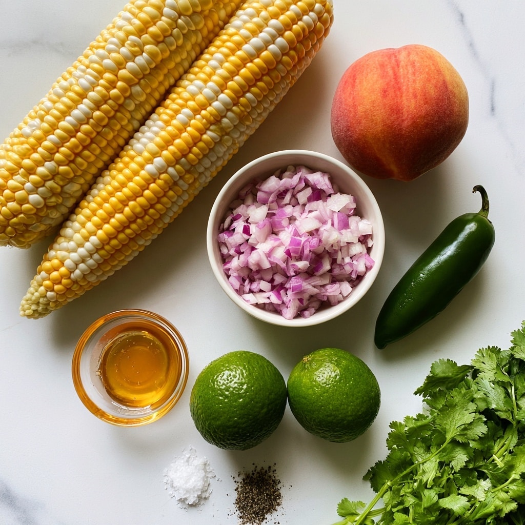 The image shows fresh ingredients neatly arranged on a white marbled surface with clear labels for each item. At the top left, two ears of yellow and white corn lie side by side, their kernels bright and textured. To the right is one whole, round peach with a smooth, reddish-orange skin. Below the peach is a small white bowl filled with finely chopped red onion, showing purple and white colors in small cubes. A single dark green jalapeño pepper lies to the right of the bowl. Near the center bottom are two whole green limes, round and shiny. Slightly to the left, a small glass bowl holds golden honey. Below these elements, small piles of salt and black pepper rest directly on the surface. On the bottom right, a fresh bunch of green cilantro leaves adds a natural touch. The whole scene is clearly lit, simple, and clean. photo taken with an iphone --ar 4:5 --v 7