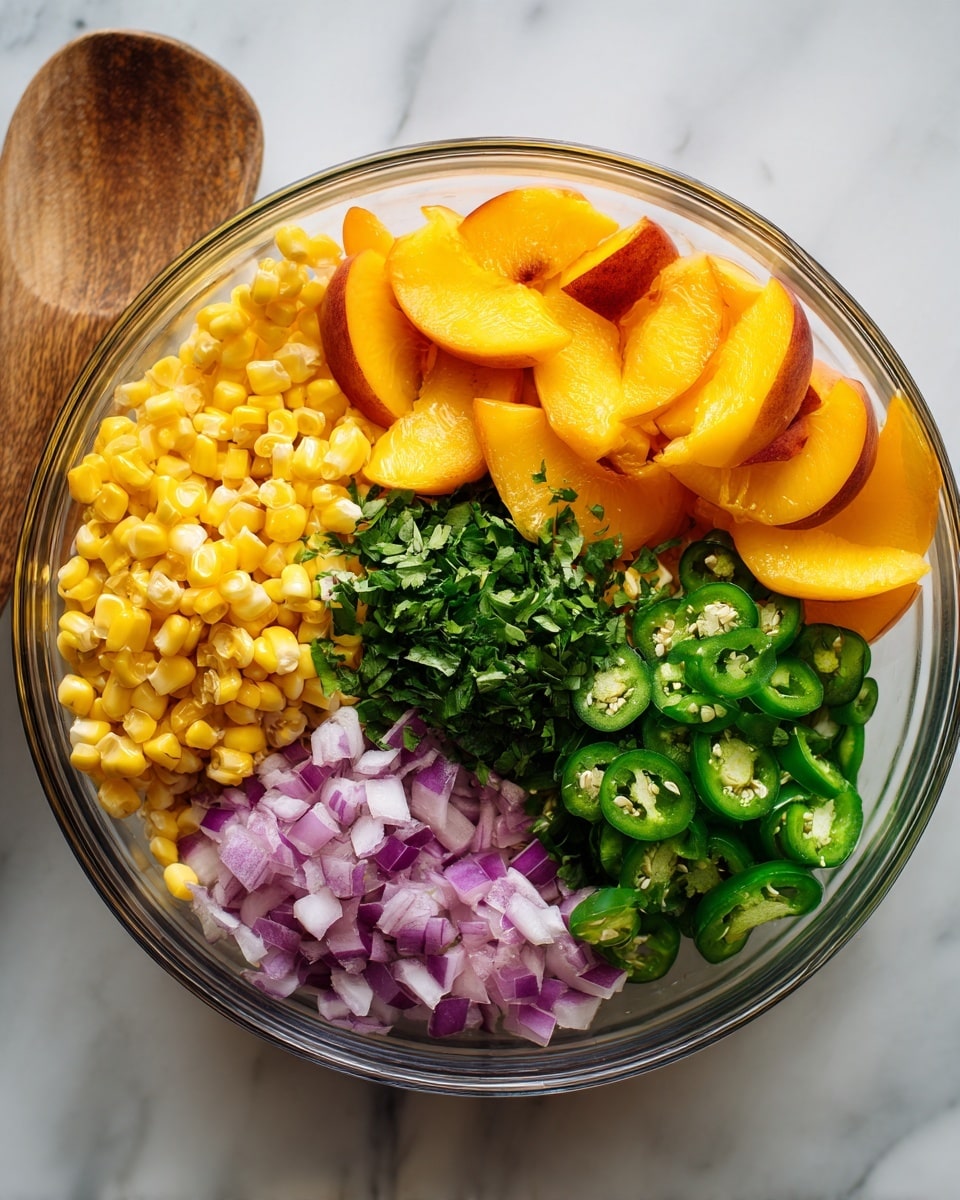 The clear glass bowl contains five layers of fresh ingredients: the bottom layer shows bright yellow corn kernels, the next layer has thick green slices of jalapeño peppers on the right side, above the corn. Diced purple and white onions are placed to the left of the jalapeños. Above the onions is a pile of finely chopped green herbs, centered in the bowl. The topmost layer features vibrant orange slices of peach or nectarine spread over the right and top edges of the bowl. The bowl sits on a white marbled surface with part of a wooden spoon visible on the left side photo taken with an iphone --ar 4:5 --v 7