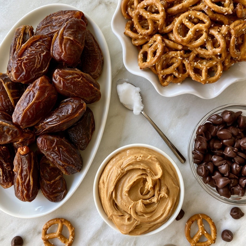 The image shows four main ingredients arranged separately on a white marbled surface: a white oval plate filled with rich brown dried dates with wrinkled texture on the left, a white wavy-edged plate busy with light brown mini pretzels sprinkled with salt on the top right, a small clear bowl filled with dark chocolate chips with a smooth shiny finish on the bottom right, and a round white bowl with creamy light brown peanut butter with smooth swirls near the center bottom. A spoon with a dollop of white coconut oil lies between the pretzels and peanut butter. Scattered mini pretzels and chocolate chips add detail around the scene photo taken with an iphone --ar 4:5 --v 7