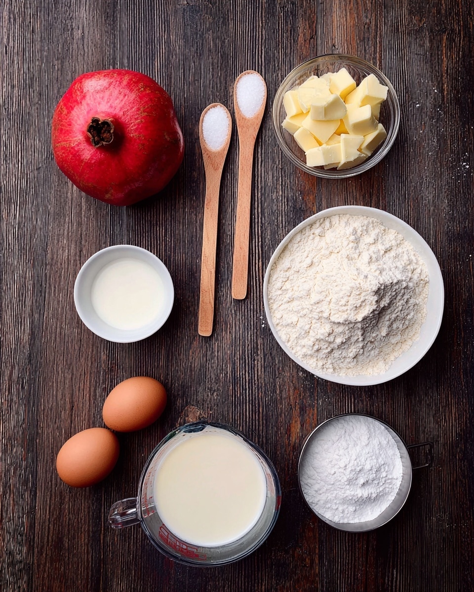 The image shows several baking ingredients placed neatly on a dark wooden surface. Starting from the top left, there is a whole pomegranate with a smooth, shiny, deep red skin. To its right, a small clear bowl holds light yellow chunks of butter. Below the pomegranate, two wooden measuring spoons lie horizontally, each holding a small amount of white salt or sugar. On the right side of the butter, there's a white bowl full of flour with a slightly lumpy texture. Under the spoons and bowl, a glass measuring cup contains thick, pale cream. Slightly lower and to the right, a metal measuring cup has a bit of white liquid, likely milk. At the bottom left, two brown eggs sit side by side. Lastly, on the bottom right, a white bowl holds fine white powdered sugar. The overall setting gives a simple, rustic feel. Photo taken with an iphone --ar 4:5 --v 7