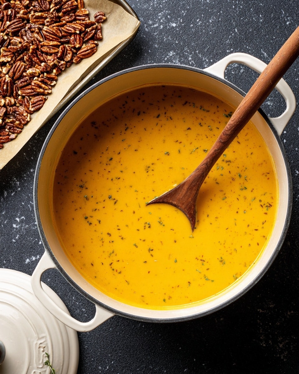 A large pot filled with smooth, creamy, bright orange soup with little specks of herbs stirred by a wooden spoon inside it, placed on a dark textured surface; on the top left of the image, there is a baking tray lined with parchment paper holding a handful of toasted pecan nuts that are golden brown and slightly crumbly, the pot is white with two small handles on the sides and its lid lies partially visible at the bottom left corner, the background is a white marbled texture. photo taken with an iphone --ar 4:5 --v 7
