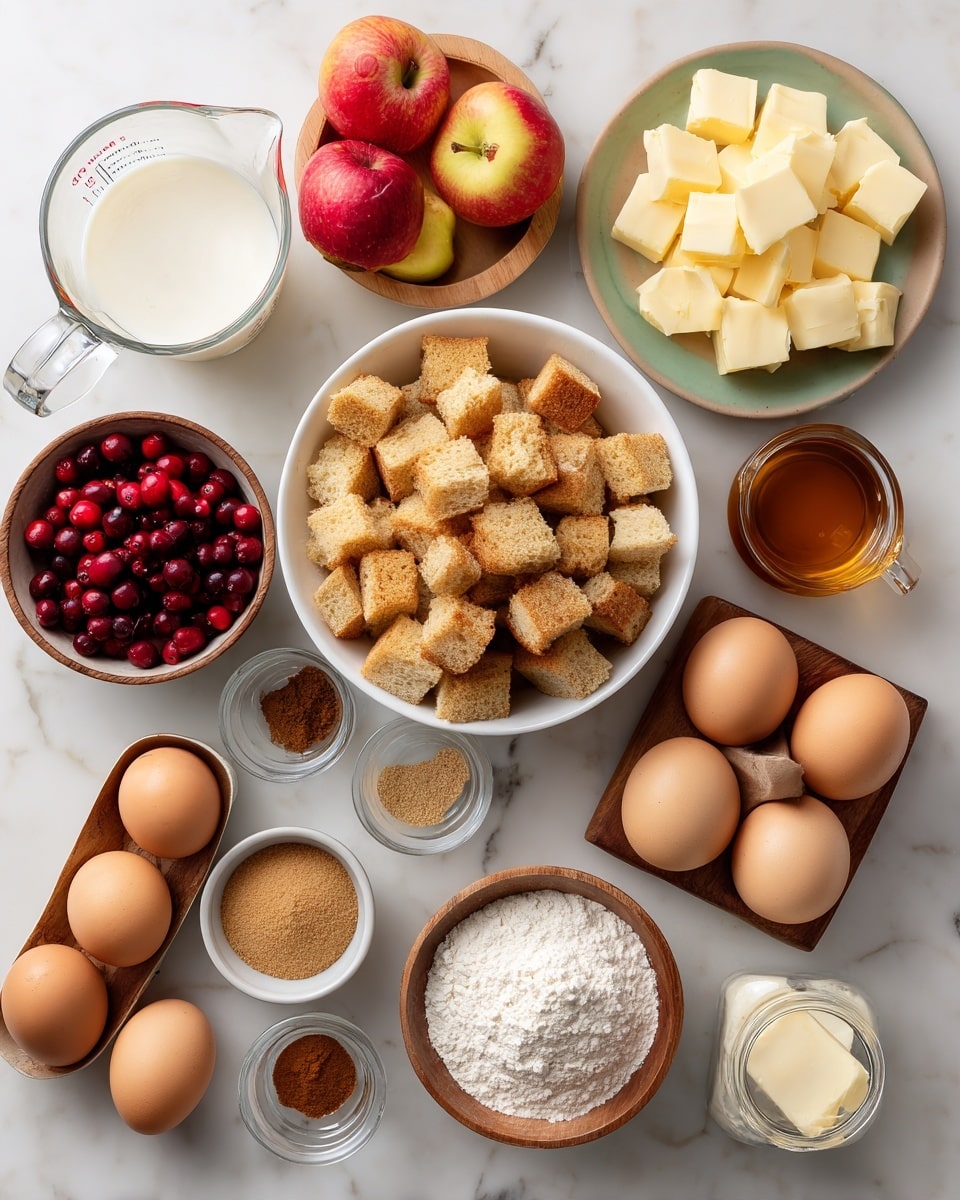 The image shows various ingredients arranged neatly on a white marbled surface for baking. At the center, there is a white bowl filled with many pieces of light brown bread cut into cubes. Surrounding the bowl clockwise are a wooden bowl full of bright red cranberries, three red and yellow apples, and a carton holding ten brown eggs with one egg missing. Below the eggs, there is a small white bowl of white flour. To the left, there is a clear glass measuring cup with white milk, a brown bowl full of light brown brown sugar, and a small white bowl with three spices: white salt, brown nutmeg, and reddish-brown cinnamon arranged in hearts. Above that, there is a small glass jar of dark vanilla liquid, a wooden plate with several light yellow squares of butter, and a large glass container of light amber maple syrup. The setup has a clean and organized look, showing raw ingredients ready for baking photo taken with an iphone --ar 4:5 --v 7