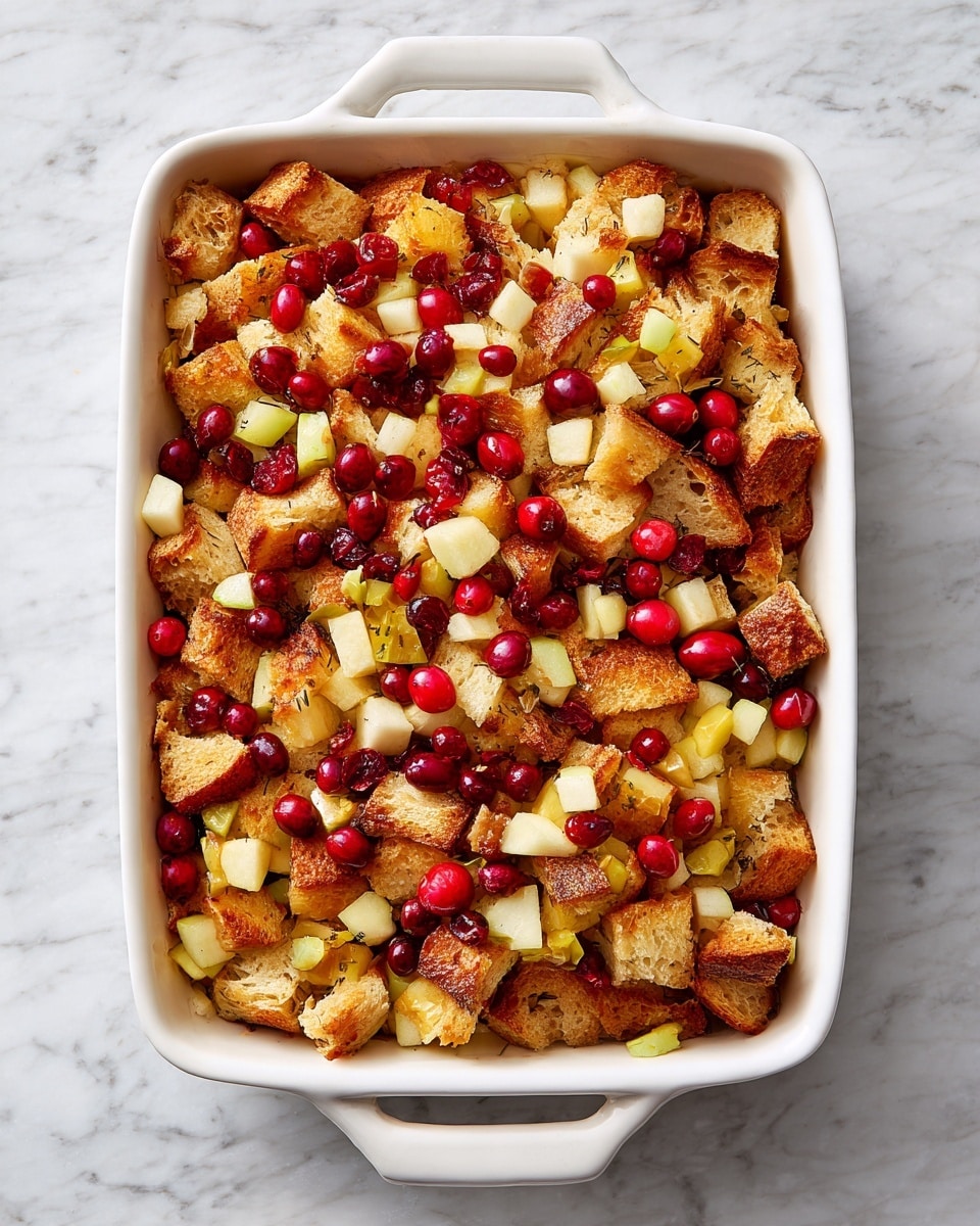 The dish is shown in a white rectangular baking dish with two handles, placed on a white marbled surface. It consists of roughly two main layers: the bottom base has large, irregular chunks of light golden bread with a slightly toasted texture, while the top layer is a mix of small, diced yellowish apple pieces and bright red cranberries scattered evenly across the surface. The mix looks moist with a slight glaze, giving a warm and cozy appearance. Photo taken with an iphone --ar 4:5 --v 7