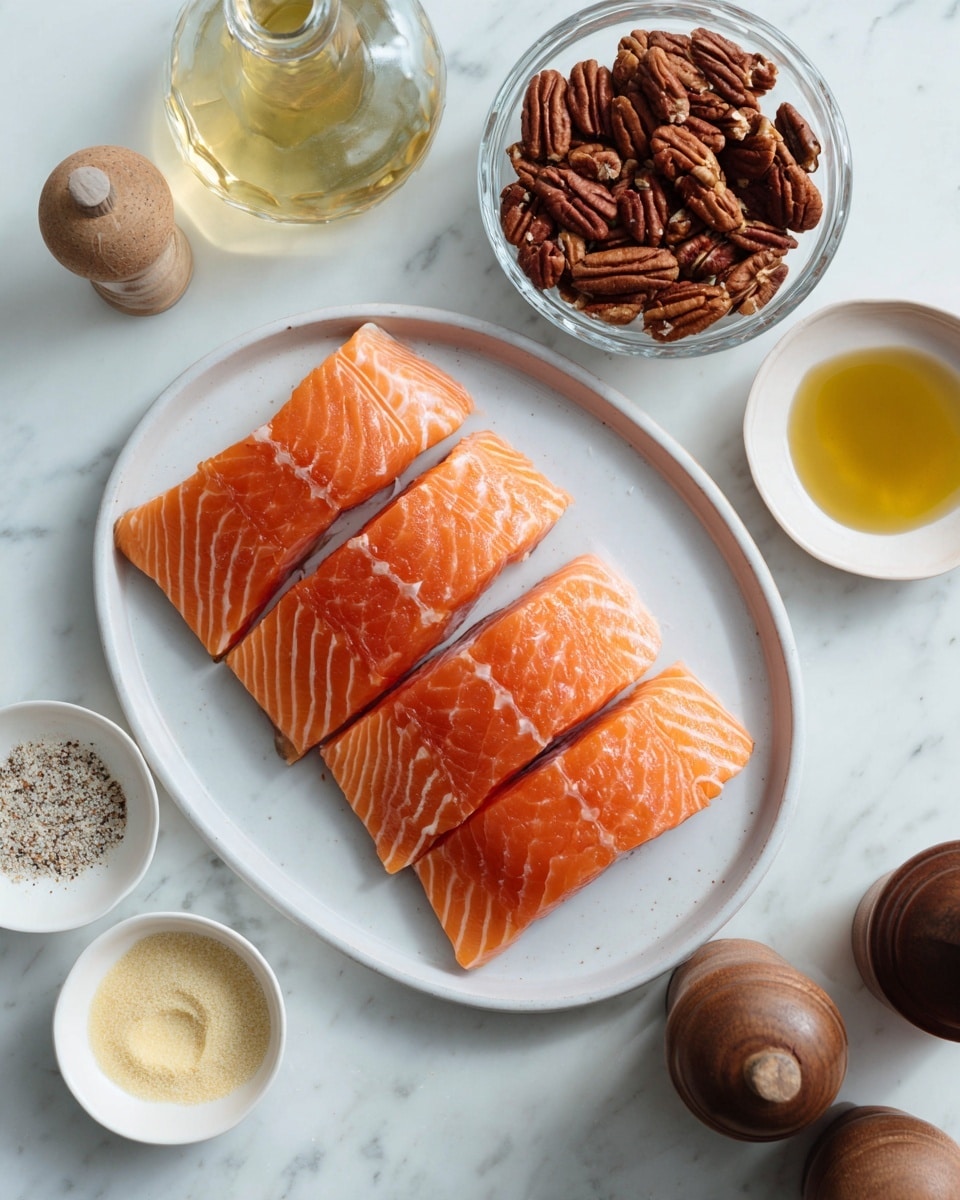 The image shows four pieces of fresh, raw salmon with bright orange color and white marbling lines arranged neatly on a white plate. To the upper right of the plate, there is a small clear glass bowl filled with whole pecans that are rich brown and textured. Below and around the plate on a white marbled surface are several small bowls and bottles: a small white bowl with yellow mustard, a tiny white bowl with light beige garlic powder, a glass bottle with clear olive oil, a bottle with clear vinegar, a dark bottle of maple syrup, and wooden salt and pepper grinders. The setup is clean, simple, and well organized with soft natural light. Photo taken with an iphone --ar 4:5 --v 7