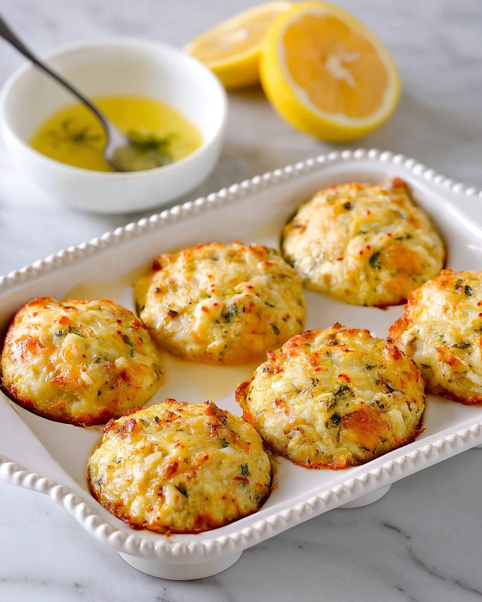 The image shows six round, golden-brown baked patties with a textured surface of melted cheese, herbs, and possibly small bits of vegetables, all sitting in the wells of a white ceramic dish with beaded edges. The patties have a slightly crispy top with uneven patches of light yellow and darker brown spots, suggesting they are well-cooked and flavorful. In the background, there are two halves of a bright yellow lemon and a small white bowl with a silver spoon inside, containing a yellowish sauce or melted butter. Everything is placed on a light white marbled surface. Photo taken with an iphone --ar 4:5 --v 7