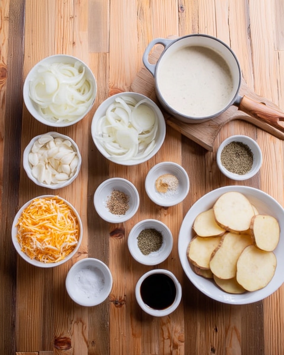 The image shows a wooden table with several white bowls and small white dishes arranged neatly. On the right side, a white bowl holds thick slices of raw potato. In the middle top, a white pan with a wooden handle contains a creamy white sauce. To the left, a white bowl is filled with sliced white onions, and another white bowl below it has shredded orange cheese. Several small white dishes spread across the table hold garlic, dried herbs, black pepper, salt, and a dark liquid, possibly soy sauce or balsamic vinegar. Everything is positioned on a wooden table but imagine the surface as a white marbled texture. Photo taken with an iphone --ar 4:5 --v 7