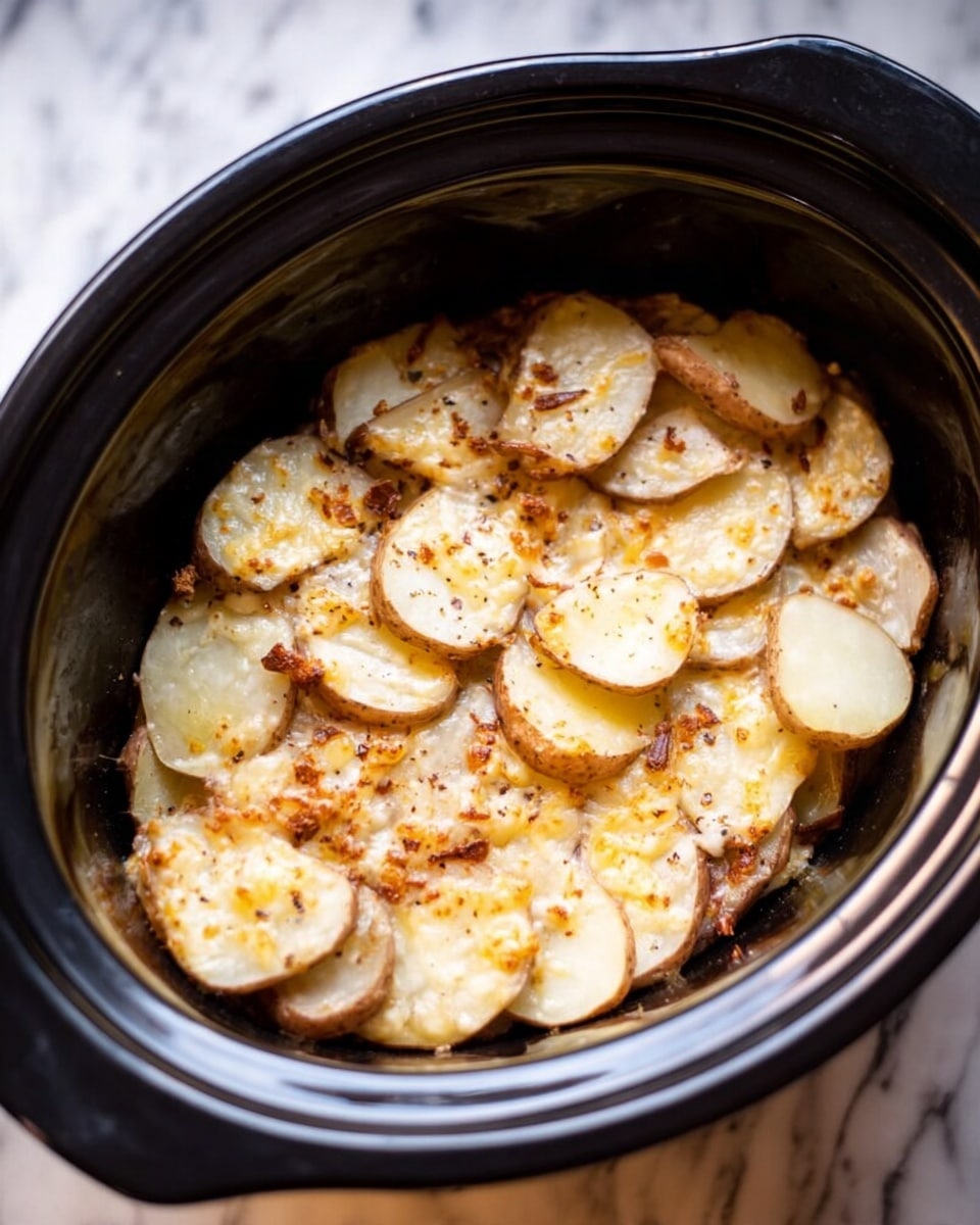The image shows a close-up of a dish inside a dark slow cooker filled with a single layer of cooked sliced potatoes on the bottom. On top of the potatoes, there is a thin layer of melted cheese mixed with some cooked onions that have a slightly browned texture. The potatoes are light yellow with some golden browned edges, and the onions are light brown and white. The slow cooker is shown on a white marbled surface. photo taken with an iphone --ar 4:5 --v 7