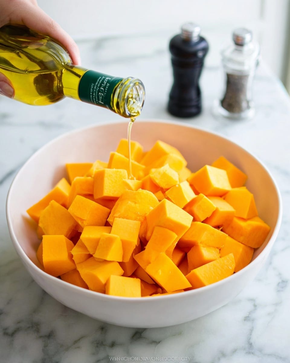 A white bowl is filled with bright orange chunks of squash, neatly cut into medium-sized cubes. A woman’s hand is holding a clear bottle with a green cap, pouring golden-yellow oil over the squash. In the soft-focused white marbled background, there are two small black and clear salt and pepper shakers. The scene is bright and clean, with the bowl centered in the image. photo taken with an iphone --ar 4:5 --v 7