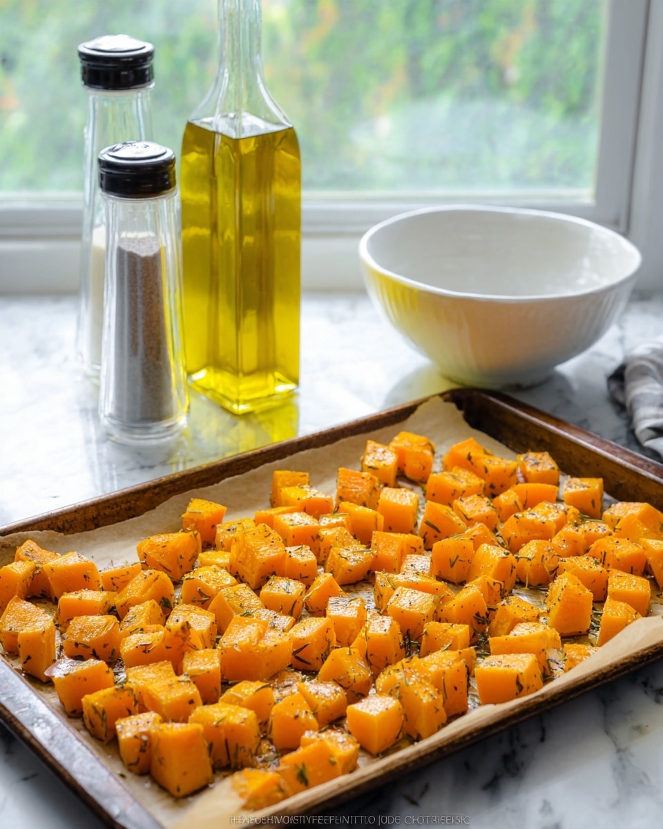 The image shows a baking tray filled with small cubes of orange butternut squash seasoned with herbs and spices. The cubes are spread in an even single layer on parchment paper that lines the tray. Behind the tray, there is a tall bottle with golden yellow olive oil, and two clear plastic salt and pepper grinders with black tops. To the right, a large white bowl with some seasoning visible inside sits on a white marbled countertop. The background is softly lit by natural light coming through a window with green blurry foliage outside. Photo taken with an iphone --ar 4:5 --v 7