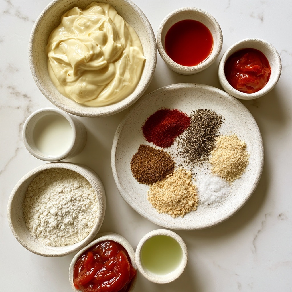 A top-down view of several small white bowls and a white plate with spice powders arranged neatly on a white marbled surface. The largest bowl in the top left holds smooth, creamy pale yellow mayonnaise. To its right is a small bowl with bright red hot sauce. Below the mayonnaise bowl, there is a small container with white buttermilk. Near the center, a larger white plate displays six spice powders in small piles: deep red paprika, coarse black pepper, medium-brown cumin, light tan garlic powder, white salt, and beige onion powder. To the left is a white bowl filled with white ranch seasoning powder, and below it is a smaller bowl with glossy, thick ketchup. A smaller bowl at the bottom center contains light green lime juice. All bowls and plate are textured ceramics, placed on a clean white marbled surface. Photo taken with an iphone --ar 4:5 --v 7