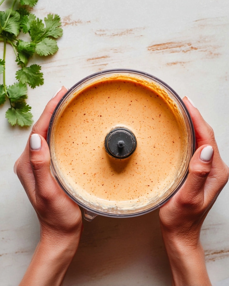 A top view of a clear food processor bowl filled with a smooth, creamy sauce of light orange color with small specks visible throughout. The bowl is held by two woman's hands on opposite sides, showcasing well-groomed nails. The background is a white marbled surface with subtle brownish markings. A small sprig of green cilantro leaves lies nearby on the surface. Photo taken with an iphone --ar 4:5 --v 7