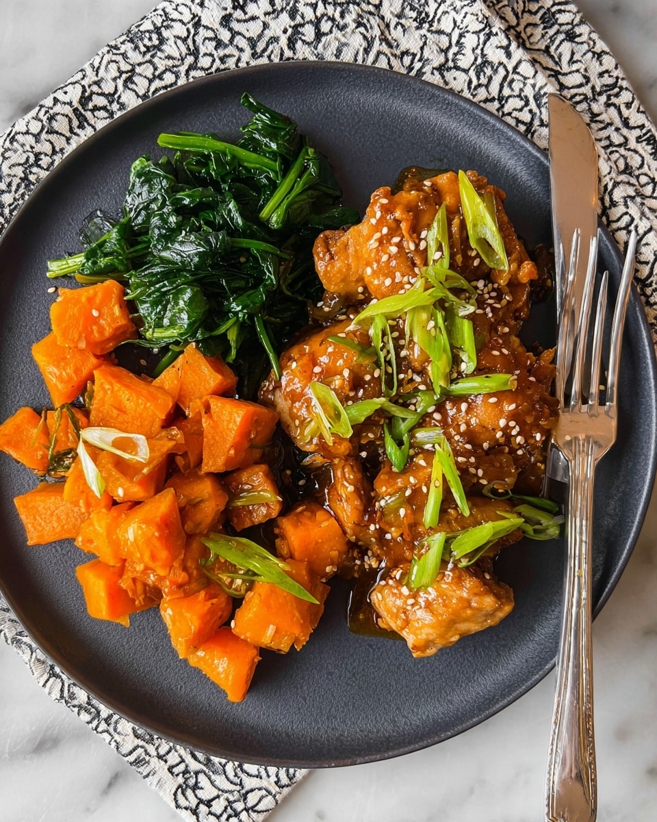 The image shows a black baking tray on a white marbled surface filled with five raw, marinated chicken thighs arranged in a loose circle, each coated in a shiny brown sauce with visible garlic pieces. Around the chicken, there are many bright orange cubed sweet potatoes scattered evenly, mixed with short, chopped green onion pieces that add splashes of green and white. The tray has some oil or sauce pooled at the bottom that gives the ingredients a glistening look. photo taken with an iphone --ar 4:5 --v 7
