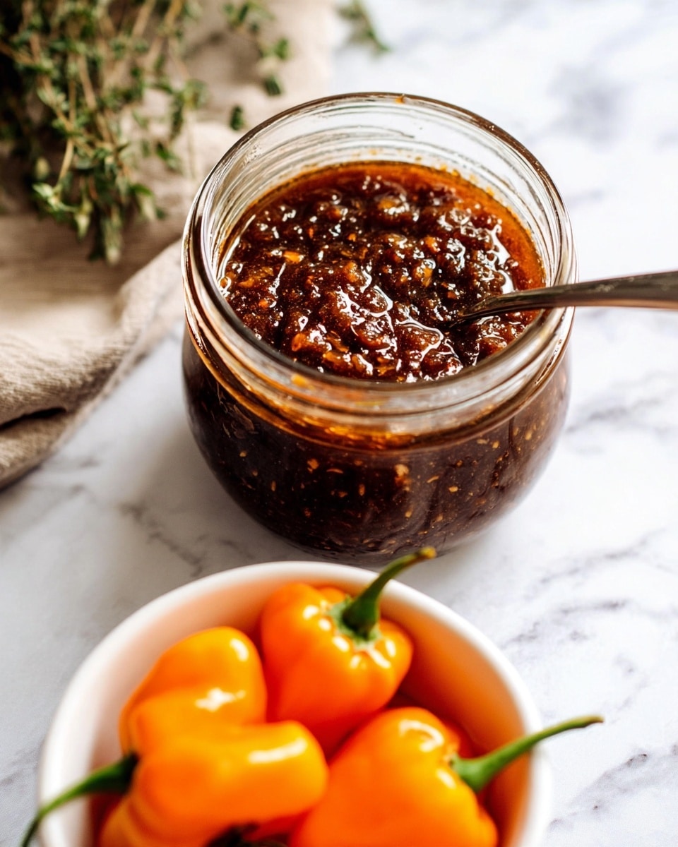 The image shows a close-up of a glass jar filled with a dark brown, chunky sauce or paste that has a slightly oily, shiny surface with visible small textures and lumps. Next to the jar, there is a metal spoon inserted into the sauce, adding depth to the image. In the lower part of the photo, a white bowl holds bright orange peppers with green stems. The background features a white marbled surface and some blurred herbs, creating a clean and fresh kitchen vibe. photo taken with an iphone --ar 4:5 --v 7