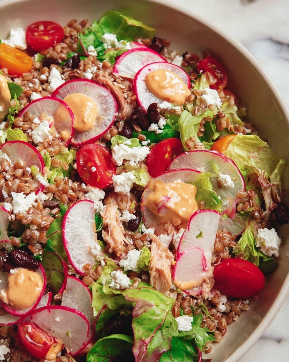 A white bowl filled with a colorful layered salad sits on a white marbled surface. The bottom layer is light brown whole grains, mixed with small dark brown nuts. On top of this, bright green leafy salad greens spread around the bowl. Scattered thinly sliced round radishes add a pale pink color, while small, shiny, red cherry tomatoes are spread on and around the salad leaves. Fluffy pale orange dollops, resembling tuna or a similar soft topping, are placed evenly around the salad. Small white crumbles of cheese are sprinkled across the top, finished with a light scatter of finely chopped green herbs. To the left of the bowl, there are two wooden salad spoons. In the top left corner, a small white bowl holds three lemon wedges, and a half lemon wedge rests near the bottom right of the image. A white and orange checkered napkin is folded in the upper right corner. Photo taken with an iphone --ar 4:5 --v 7