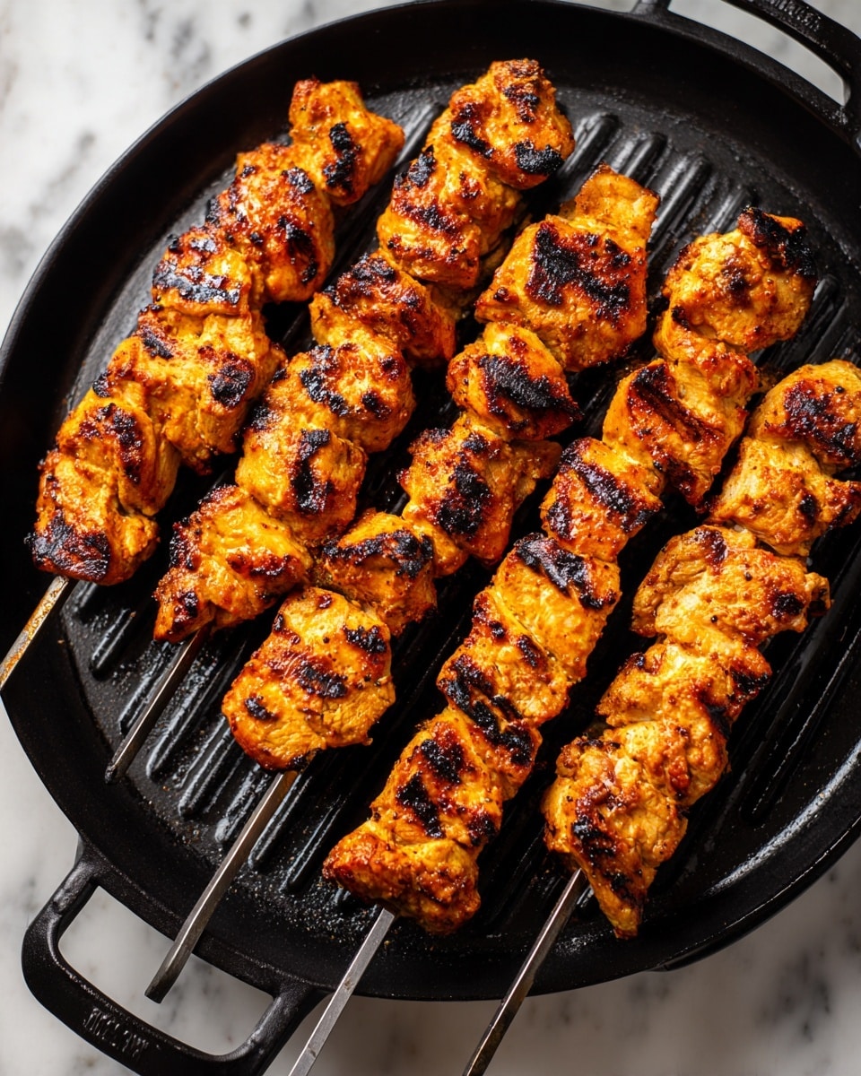 The image shows five skewers of grilled chicken pieces placed on a round black grill pan with handles. The chicken pieces are golden orange with charred marks and a slightly crispy texture, showing the grilled cooking style. Each skewer has multiple unevenly sized chicken pieces stacked closely together. The grill pan's surface has ridged lines that add dark grill marks to the chicken, and it rests on a white marbled surface. The lighting highlights the juicy and smoky texture of the chicken. Photo taken with an iphone --ar 4:5 --v 7