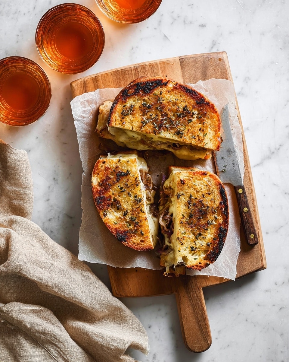 Three toasted sandwich halves rest on a piece of parchment paper on a wooden cutting board; the sandwiches have golden brown, crunchy bread with dark toasted spots and visible herbs sprinkled on top, with melted white cheese and caramelized onions visible between the layers. A small knife with a wooden handle lies on the board beside the sandwiches. Two clear glasses filled with an amber liquid are positioned near the top left corner on a white marbled surface under soft lighting. A beige cloth with a soft texture drapes loosely in the lower left corner. photo taken with an iphone --ar 4:5 --v 7