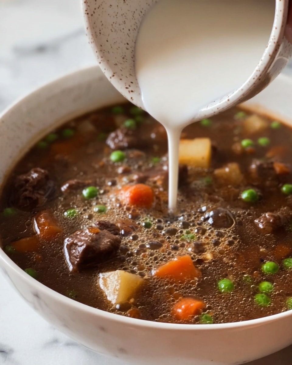 The image shows a close-up of a bowl filled with beef stew that has a dark brown broth with small bubbles on the surface. Visible in the stew are pieces of beef, green peas, orange carrot cubes, and light yellow potato bits, all mixed evenly throughout. A white speckled bowl is tilted above the white bowl holding the stew, pouring a smooth white liquid into the stew. The background has a white marbled texture. The scene highlights the rich colors of the stew contrasting with the white bowls and marble. photo taken with an iphone --ar 4:5 --v 7