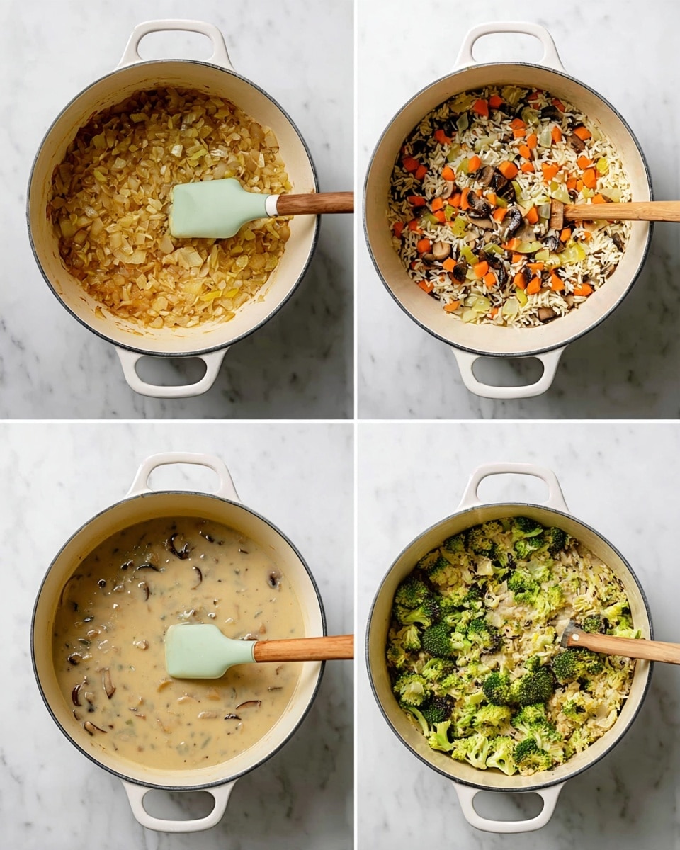 A four-photo collage shows cooking in a white pot on a white marbled surface. The first photo has a single layer of cooked golden onions and garlic at the pot bottom, with a wooden spatula with a pale green silicone head resting inside. The second photo shows a mixed layer of cooked rice, diced orange carrots, celery, and browned mushrooms filling most of the pot, with the same spatula inside. The third photo displays a creamy light beige soup with visible mushroom pieces and small carrot bits, stirred with the spatula. The fourth photo adds bright green broccoli florets on top of the creamy soup, still stirring with the spatula. Photo taken with an iphone --ar 4:5 --v 7
