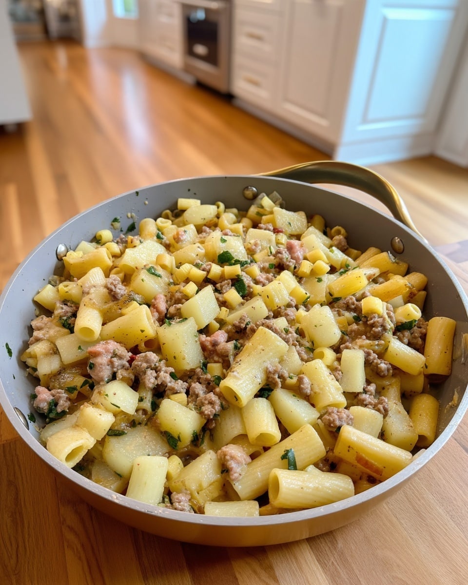 The image shows a large gray pan filled with a pasta dish made of small tube-shaped pasta mixed with pieces of browned meat and small chunks of potato. The pasta is pale yellow, and the meat is light brown with green herb bits scattered throughout. The potato pieces are golden with a slightly crispy texture. The dish looks creamy and coated evenly, with some bits of herbs adding green color. The pan is on a black stovetop with a white marbled surface around it. Photo taken with an iphone --ar 4:5 --v 7