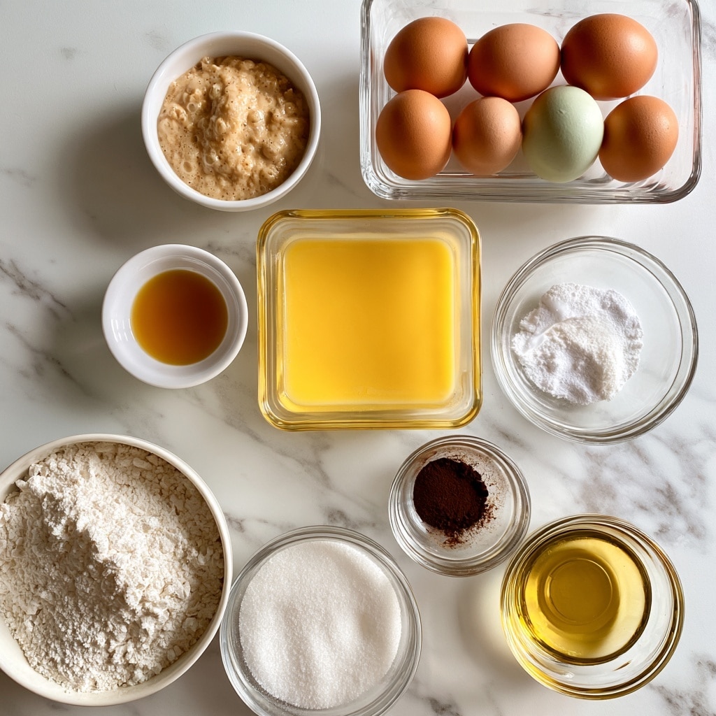 A white marbled surface holds several small white bowls and clear glass containers with baking ingredients neatly arranged. At the top right, a rectangular clear glass container holds six eggs, five brown and one pale green. To the left, a small white bowl contains a tan, bubbly starter mixture with some texture. Below this, a tiny white bowl holds golden vanilla extract. A larger clear square bowl filled with bright yellow melted butter sits in the center. To the right, a clear glass bowl contains white baking soda and powder mix. Below the butter, a small glass bowl with dark brown vanilla powder is shown, while a medium white bowl on the bottom left is filled with white flour. Next to the flour is a clear bowl of fine white sugar, and above the sugar is a small bowl with opaque white milk. A clear glass bowl filled with bright yellow oil is near the bottom right corner. The scene is bright and clean, and all bowls and containers nicely spaced on the white marbled surface photo taken with an iphone --ar 4:5 --v 7