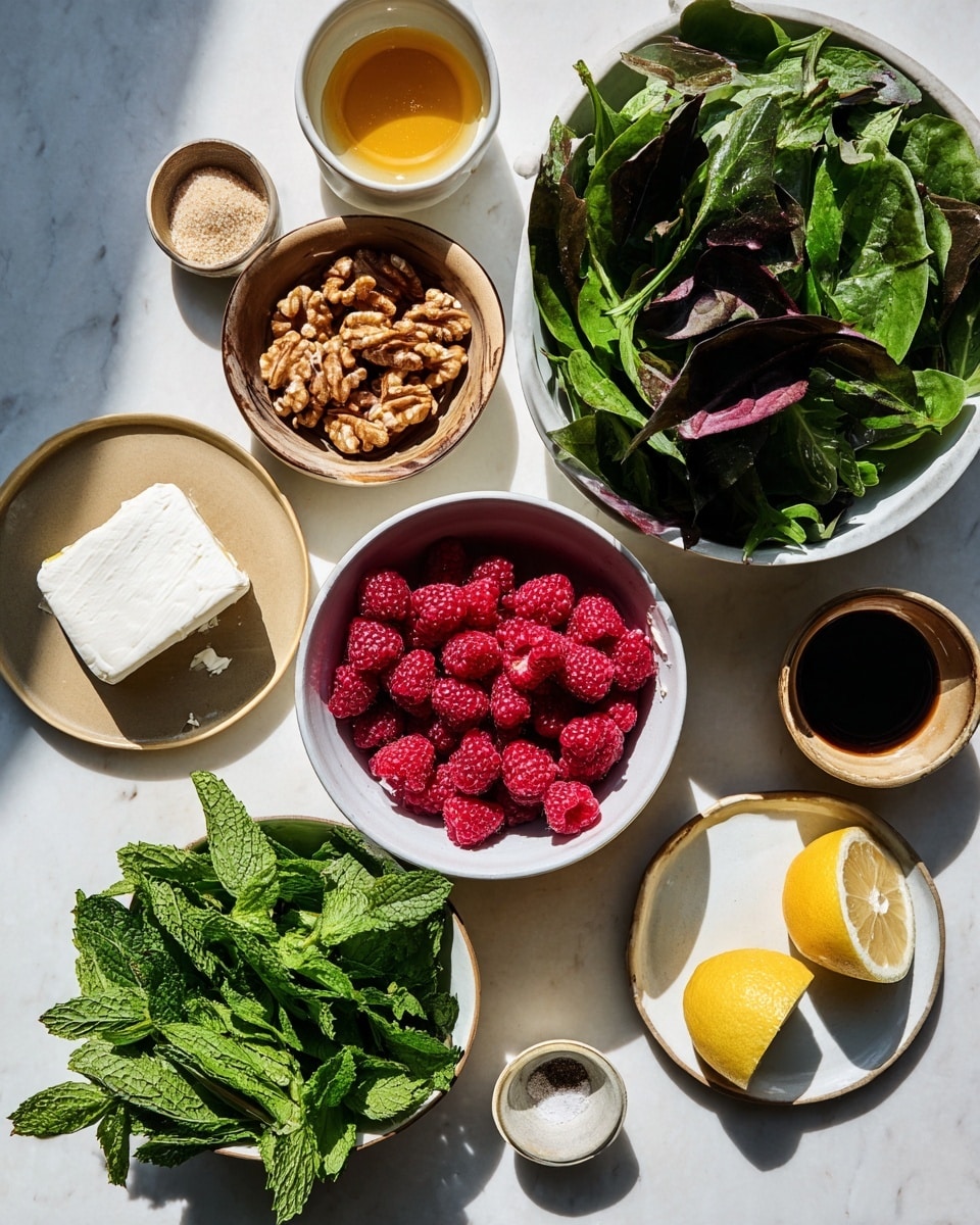 A top-down view of various food ingredients arranged on a white marbled surface with bright natural light casting shadows. There is one white bowl filled with dark green and purple leafy greens positioned in the top right. Below and slightly left, a white bowl is full of fresh red raspberries, showing their bumpy texture and vibrant color. To the left of the raspberries, a tan bowl with a darker rim holds several halves of walnuts in shades of brown. Below the walnuts, a small beige plate contains a chunk of white soft cheese. At the bottom left, a white bowl is filled with bright green fresh mint leaves, layered loosely. Small stone bowls and containers with honey, dark balsamic vinegar, lemon halves, and seasoning powders are scattered around the larger bowls. The scene is calm and fresh, with a light tone and clear details. photo taken with an iphone --ar 4:5 --v 7