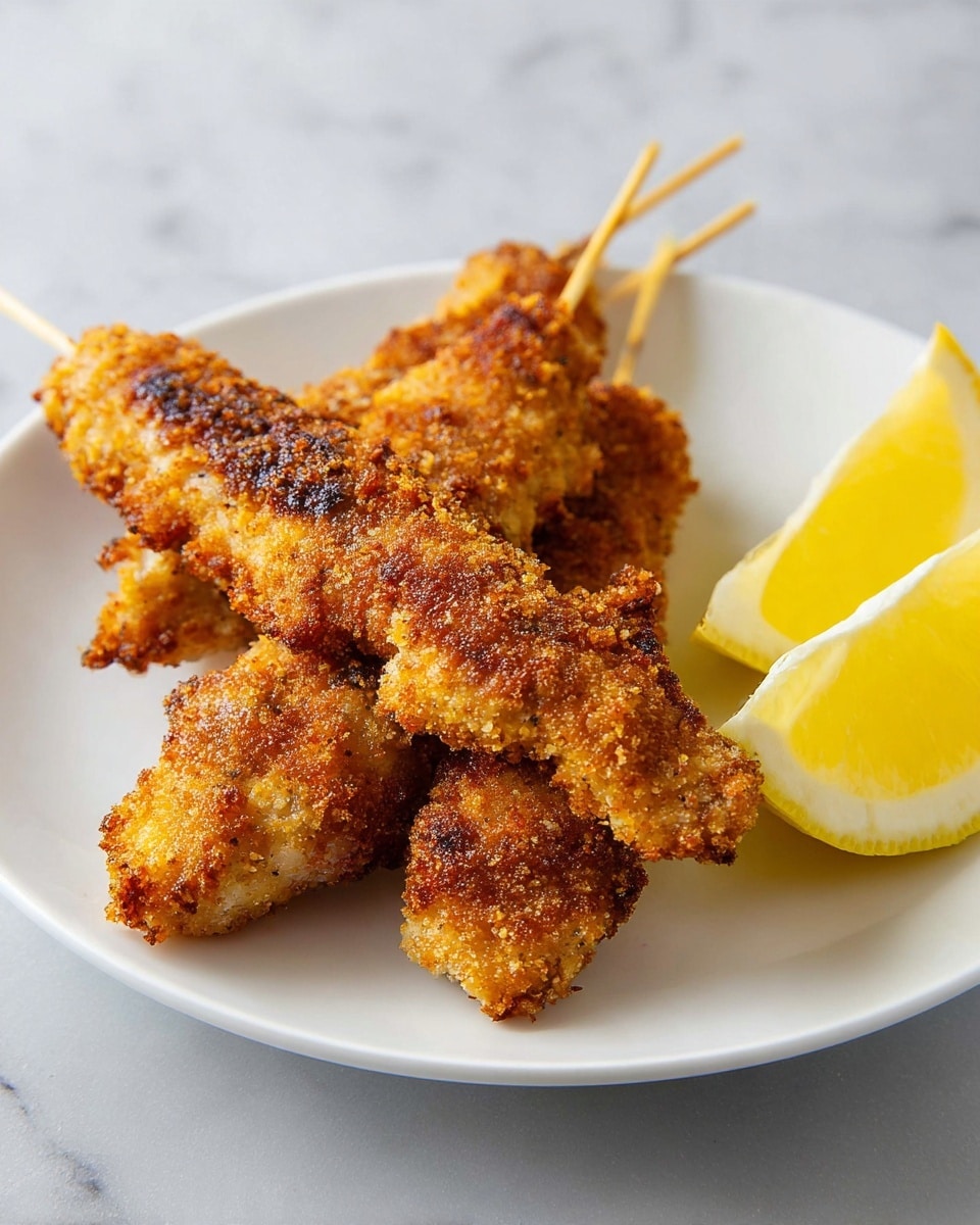 Three breaded skewers of fried chicken are placed on a white plate. The chicken coating is golden brown with darker browned spots, showing a rough and crispy texture. The skewers are stacked unevenly, with one skewer angled diagonally on top. On the right side of the plate, there are two bright yellow lemon wedges with smooth, shiny skin. The plate is set on a white marbled surface. photo taken with an iphone --ar 4:5 --v 7