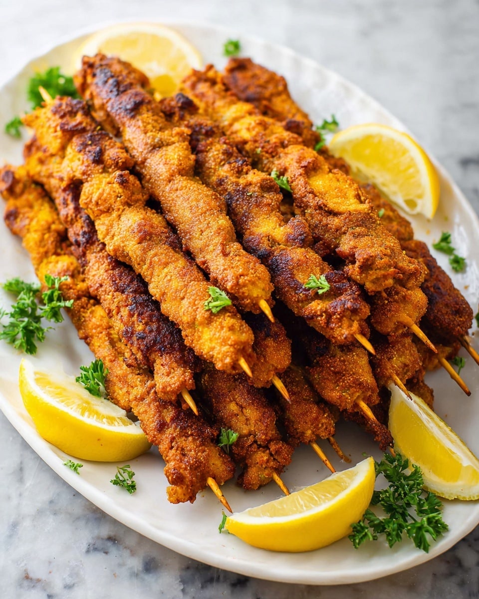 A white oval plate holds about ten golden brown fried skewers stacked on top of each other showing a crispy texture. The skewers have a rough, crunchy surface colored in warm orange-brown tones. Around the skewers, there are several lemon wedges in bright yellow and a few small sprigs of fresh green parsley, adding color contrasts. The background is a white marbled surface, slightly blurred to keep focus on the food. Photo taken with an iphone --ar 4:5 --v 7