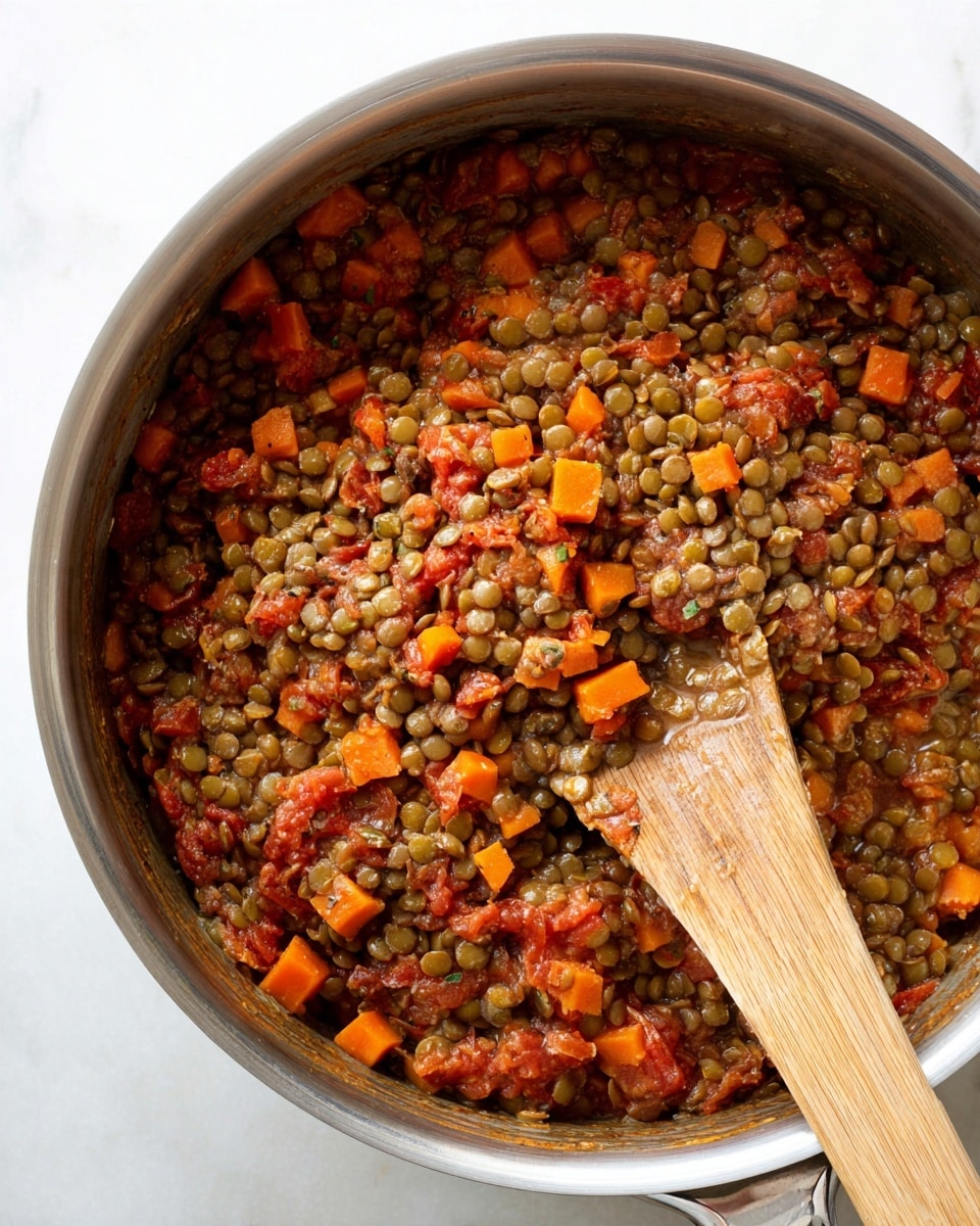 A close-up view of a large silver pot filled with a cooked mixture of green lentils, small bright orange carrot cubes, and reddish chunks of tomato. The lentils form the main layer, spread evenly through the pot, mixed with the soft, cooked vegetables. A wooden spoon rests on the right side of the pot, partially covered by the lentil mix, and the pot is placed on a white marbled surface. Photo taken with an iphone --ar 4:5 --v 7
