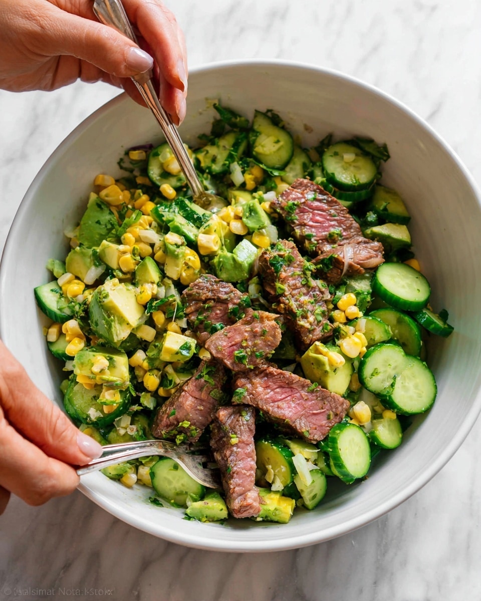 A white bowl filled with a fresh salad showing three main layers: at the base are bright green cucumber slices scattered thickly, over them are green avocado chunks mixed with small yellow corn kernels, and on top there are pieces of cooked steak with a pink middle and browned edges. The salad is mixed with small green herbs finely chopped, adding texture and color. A woman's hand is holding a fork stirring the salad from the left side while another woman’s hand holds a fork on the right side. The bowl sits on a white marbled surface. photo taken with an iphone --ar 4:5 --v 7