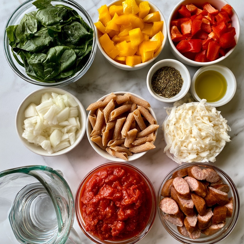 The image shows several ingredients in bowls and cups arranged on a white marbled surface. From the top left, there is a clear glass bowl filled with fresh dark green spinach leaves. To its right, there is a white bowl with bright yellow and red chopped bell peppers. Below the bell peppers, there is a small white bowl containing dried Italian seasoning herbs, and next to it, a small white bowl with golden olive oil. Below the spinach, a white bowl holds chopped white onions, and next to it, a white bowl is filled with uncooked whole wheat penne pasta in light brown. Below the pasta, there is a clear glass bowl with chunky red marinara sauce, beside it a white bowl with shredded white mozzarella cheese. Below the onions, a clear glass bowl contains sliced Italian sausage in brown shades. A glass measuring cup with clear water is towards the bottom left of the image. All ingredients sit on a white marbled background with clear labels in simple bold text above each bowl. Photo taken with an iphone --ar 4:5 --v 7