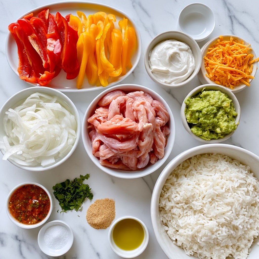The image shows an overhead arrangement of various white dishes and bowls placed on a white marbled surface. In the center is a white bowl filled with raw pink chicken strips. To the upper left, a white plate holds sliced red and yellow bell peppers arranged side by side. Below the peppers, a white bowl contains thinly sliced white onions. To the right of the chicken, there are three small bowls: one with smooth white sour cream, one with shredded orange cheddar cheese, and one with bright green guacamole. Near the bottom right corner, a large white bowl is filled with fluffy white rice. Below and to the left of the rice bowl, there are small dishes containing reddish salsa with green bits, chopped green cilantro, light brown fajita seasoning powder, white salt, and golden olive oil, each placed neatly around the area. The scene is clean and colorful with clear separation between each ingredient. photo taken with an iphone --ar 4:5 --v 7